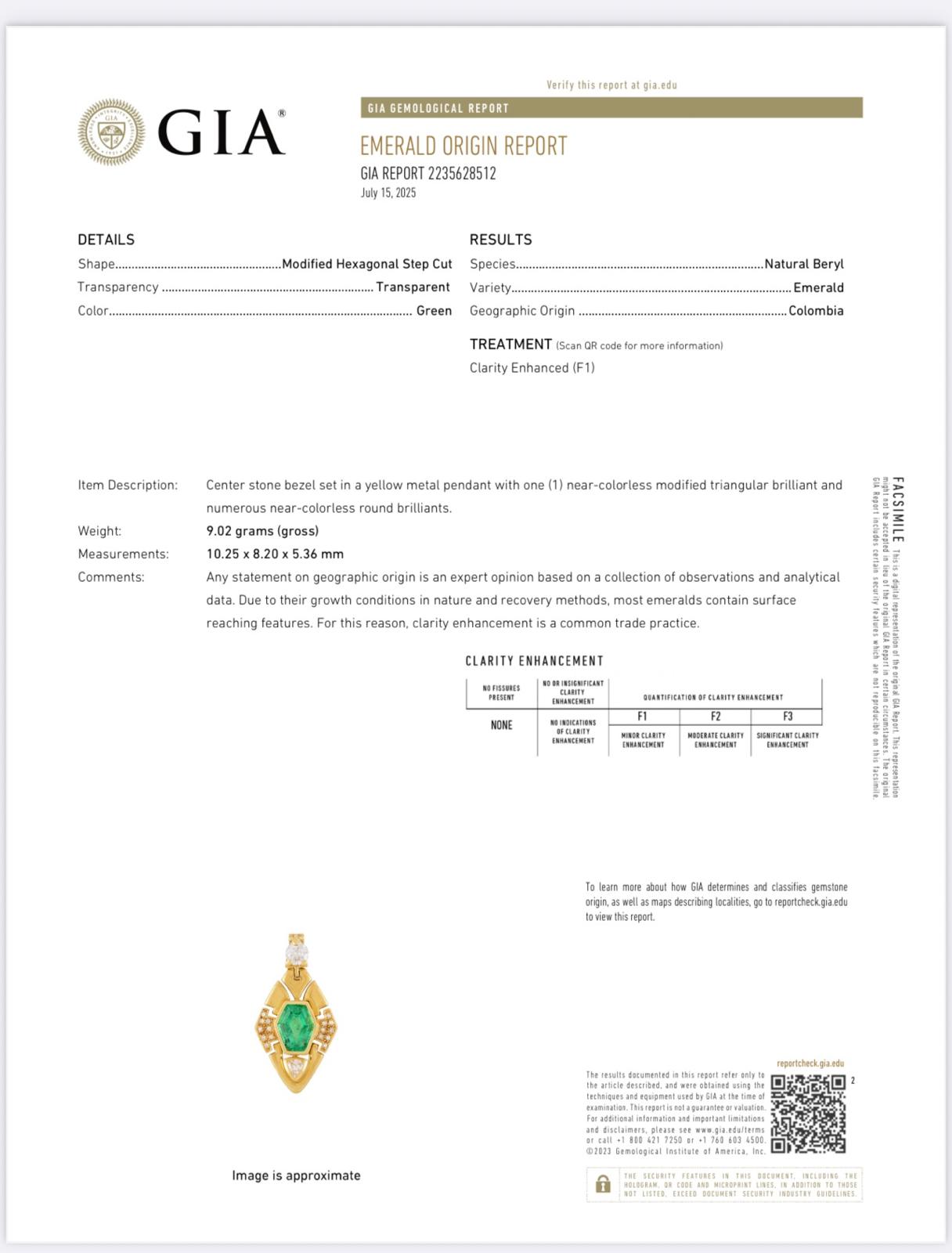 GIA Certified Hexagonal Emerald F1 & Diamond 18k Yellow Gold Pendant