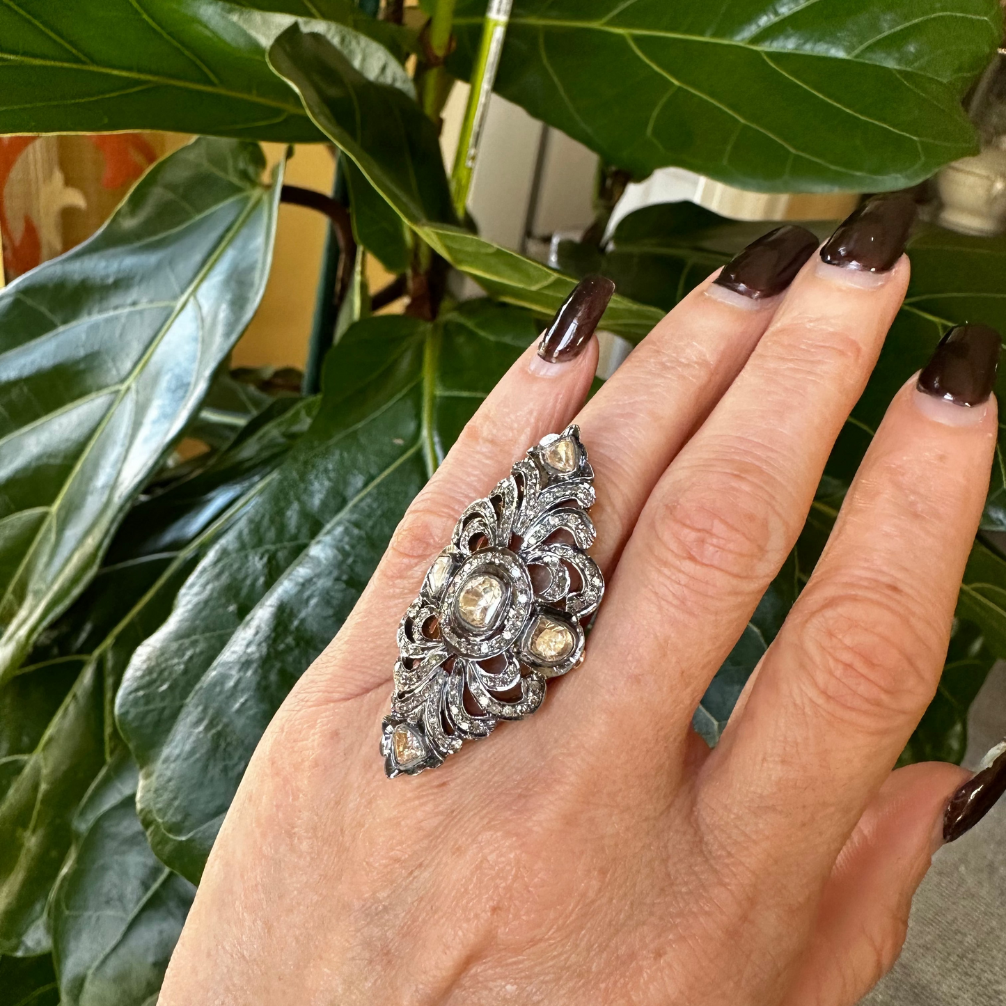 Art Deco Kali Design Polki Ring | Rosecut & Uncut Diamonds | Sterling Silver & 18k Yellow Gold | 10.7g | Size 4