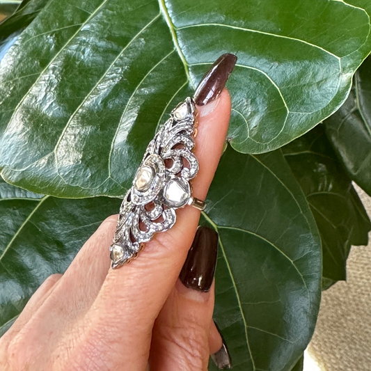 Art Deco Kali Design Polki Ring | Rosecut & Uncut Diamonds | Sterling Silver & 18k Yellow Gold | 10.7g | Size 4