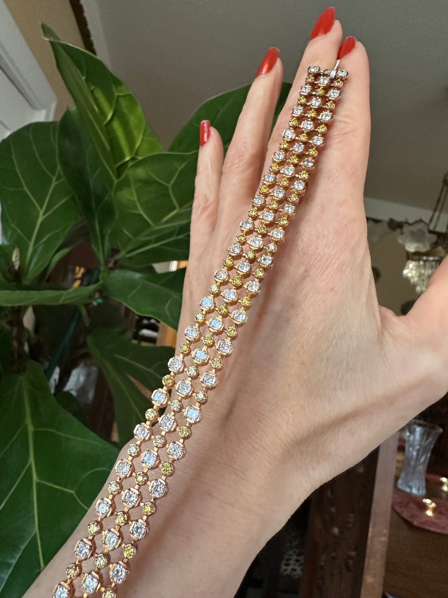 Fancy Yellow & White Diamond 11.13 Carats Three Row Bracelet 18k Yellow Gold