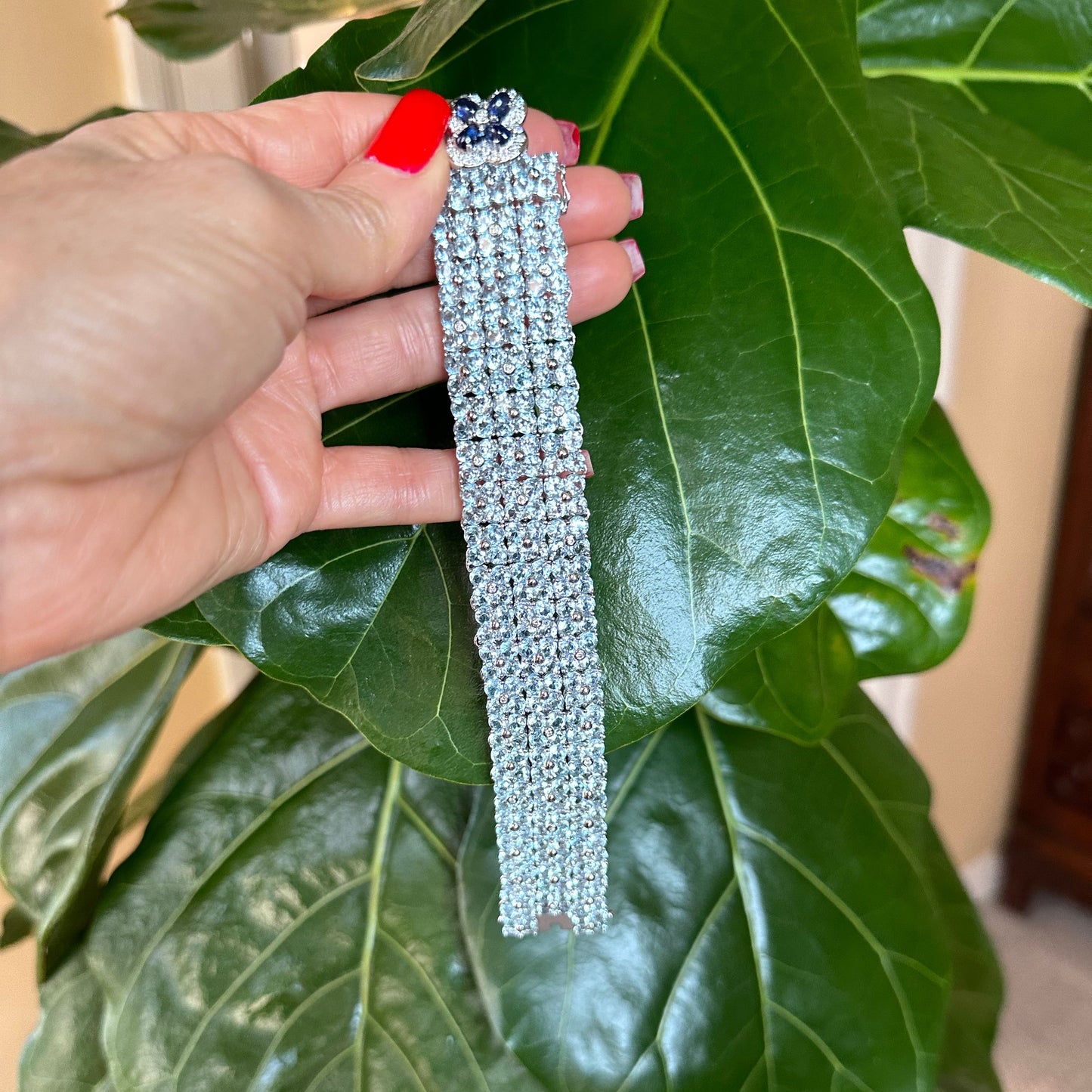 Estate Aquamarine, Diamond & Sapphire Wrap Bracelet | 45+ ct | 18k White Gold | 79.2g | 7.5"