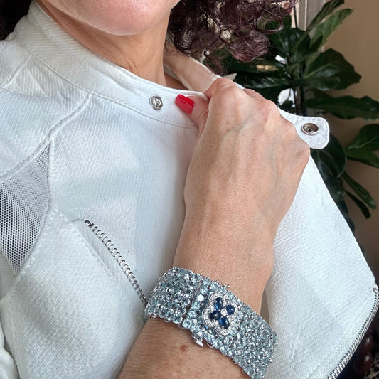 Estate Aquamarine, Diamond & Sapphire Wrap Bracelet | 45+ ct | 18k White Gold | 79.2g | 7.5"