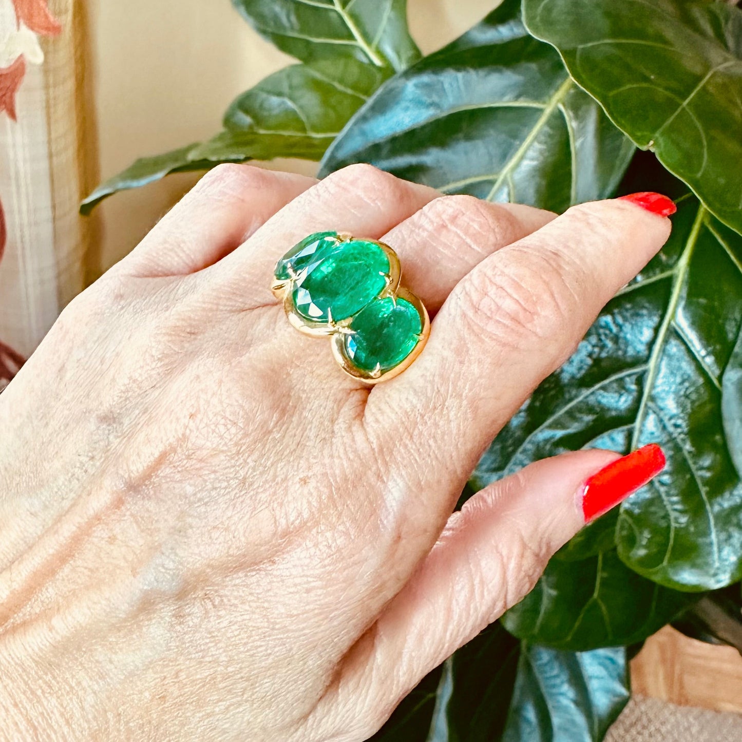 Estate Three-Stone Oval Cut Emerald Ring | 15.18 CTW | 18k Yellow Gold | Size 6.5