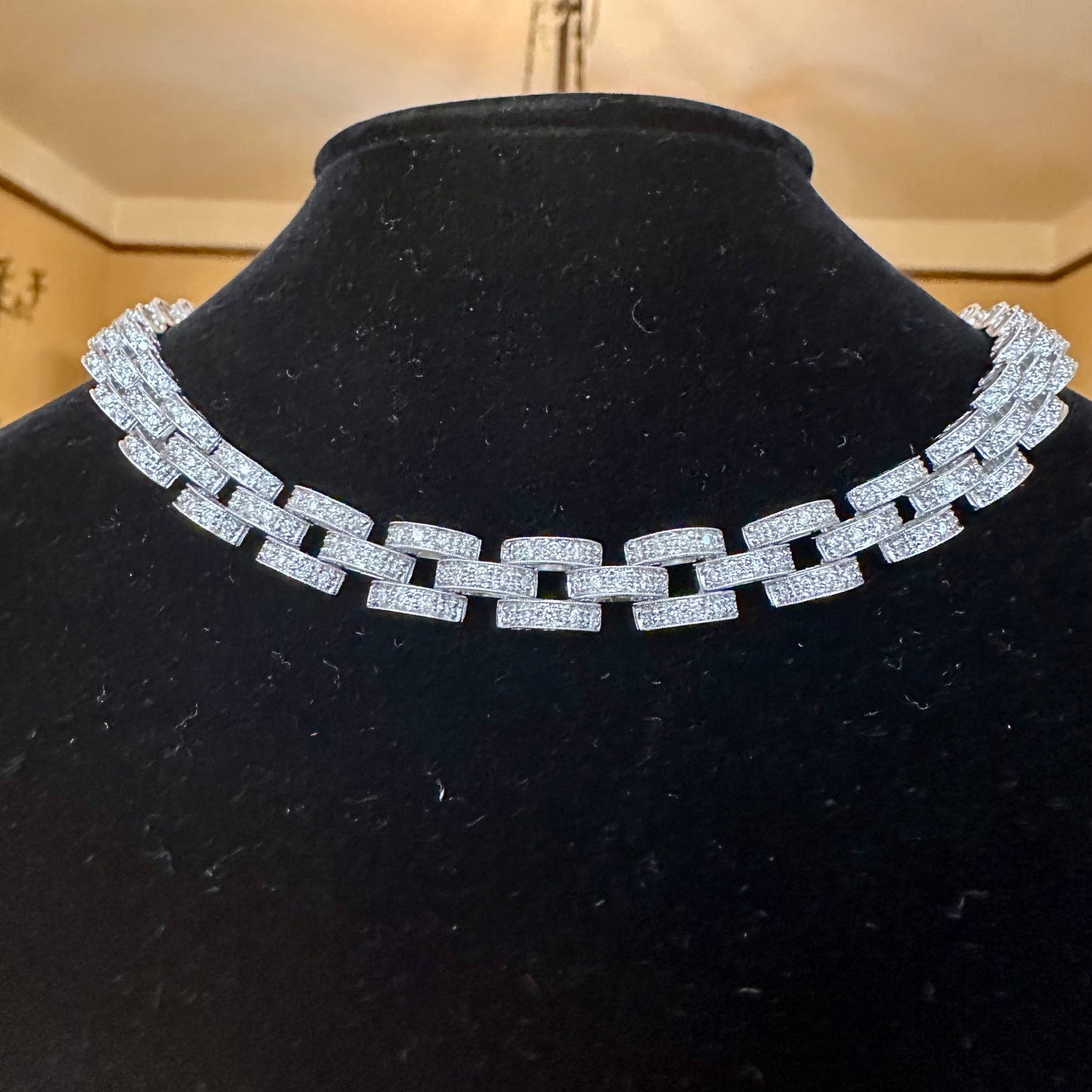 Estate Diamond Necklace 3 Row Brick Link 18k White Gold 15.5"