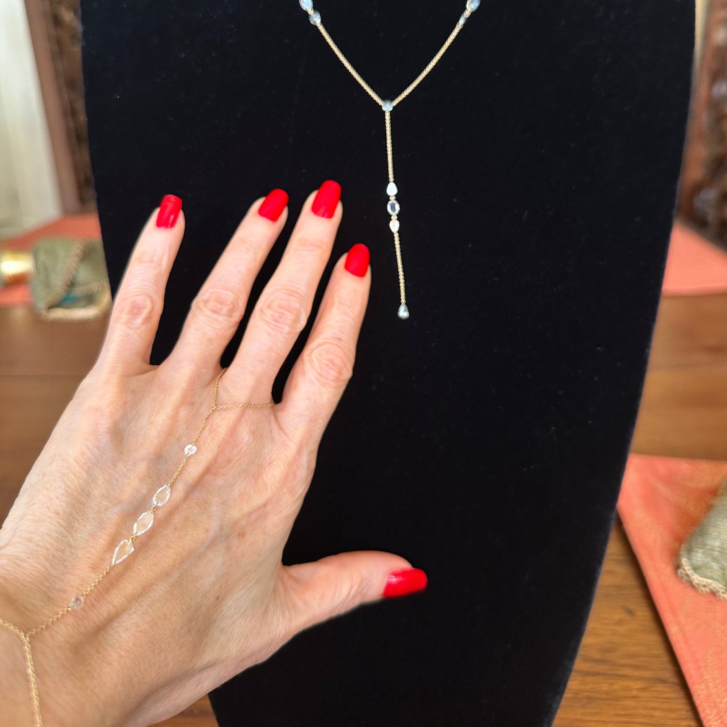 Rose Cut Diamonds Hand Chain Slave Bracelet 18k Yellow Gold