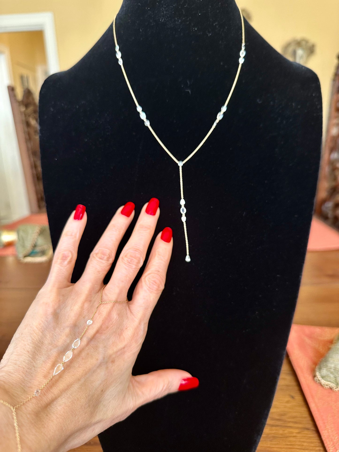 Lariat Rose Cut Diamond Necklace Y Design 18k Yellow Gold