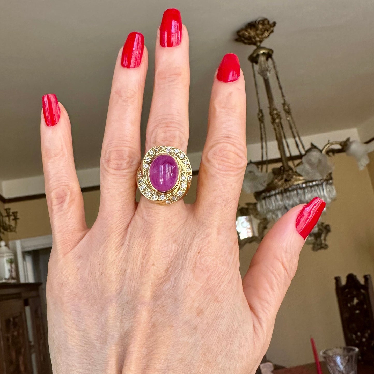 Cabochon Ruby GIA No Heat & Diamond Ring 18k Yellow Gold