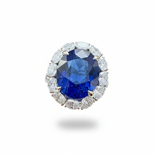 Blue Sapphire & Oval Diamond Halo Ring