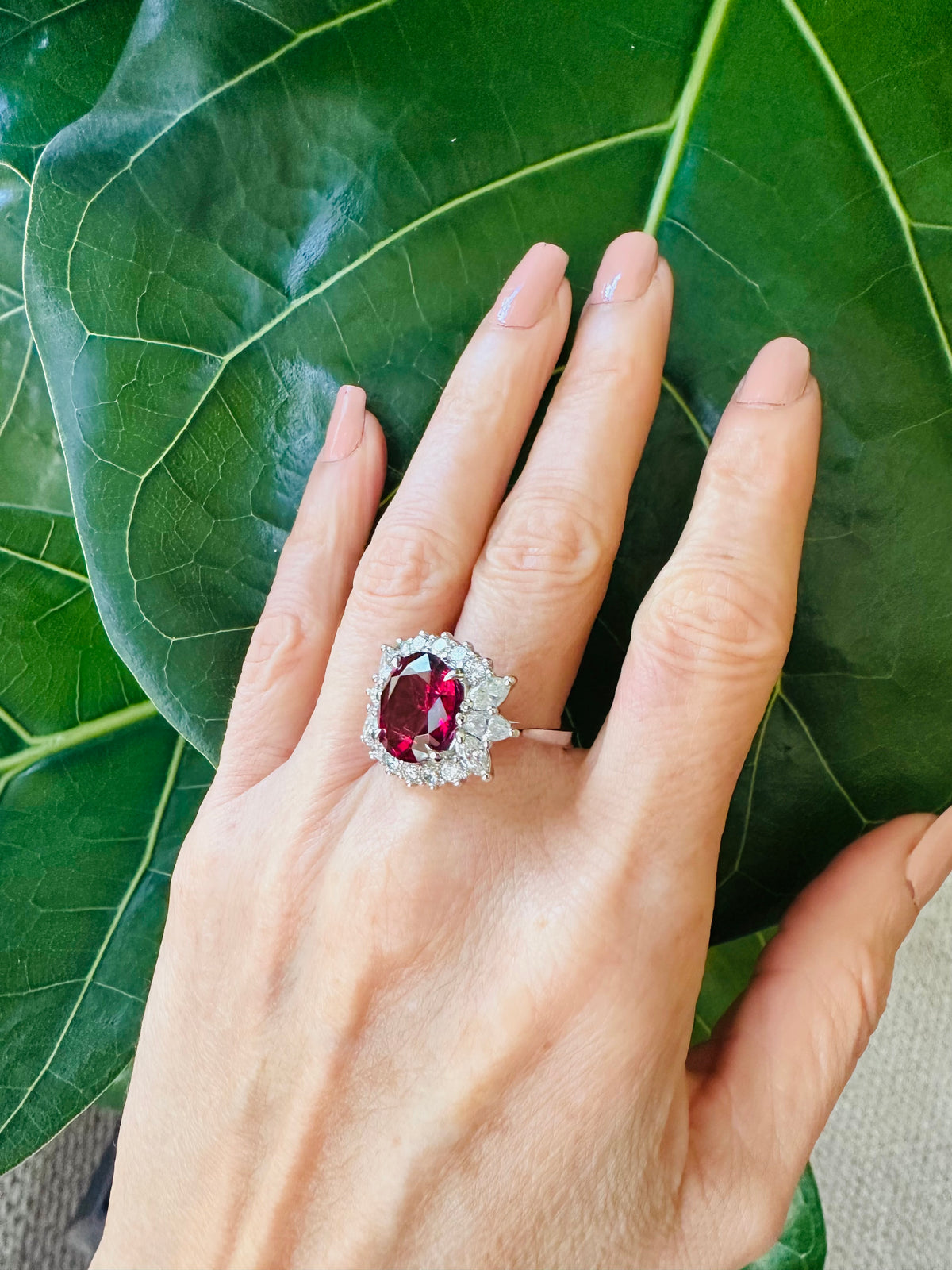 Impressive Oval Cut Rubellite & Diamond Ring 18k White Gold