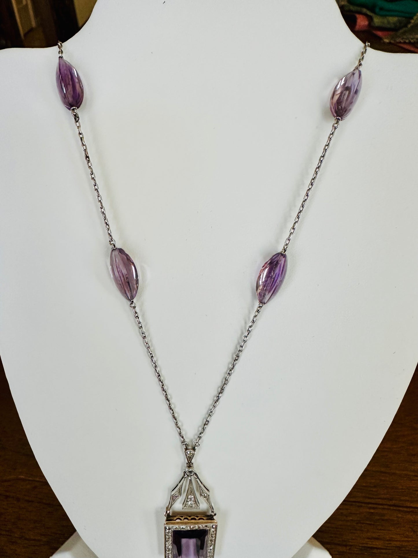 Antique Art Deco Amethyst & Diamond 14k White Gold & Yellow Pendant Necklace