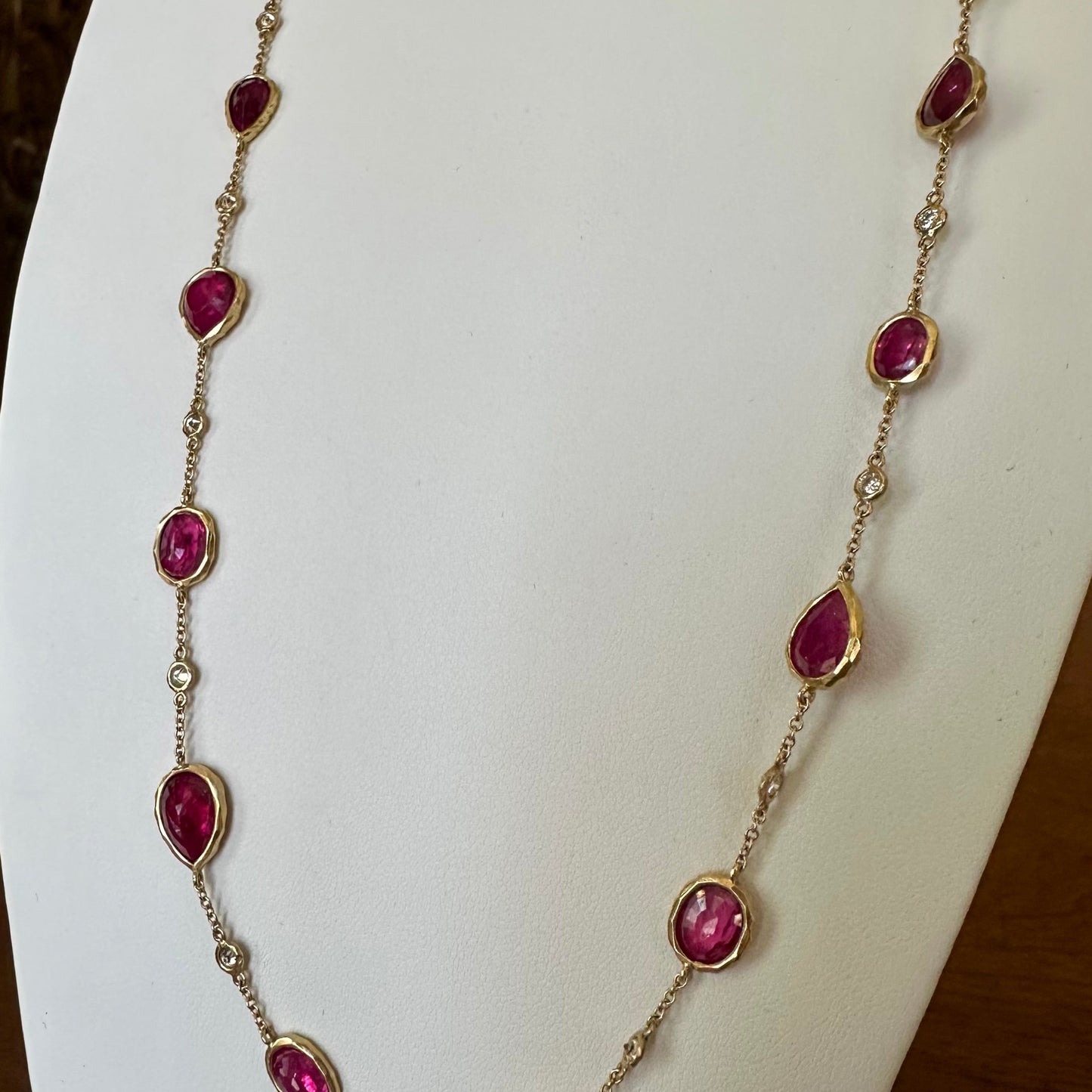 Ruby & Diamond Station Necklace 18k Yellow Gold, Mix Shape Rubies GIA Certified