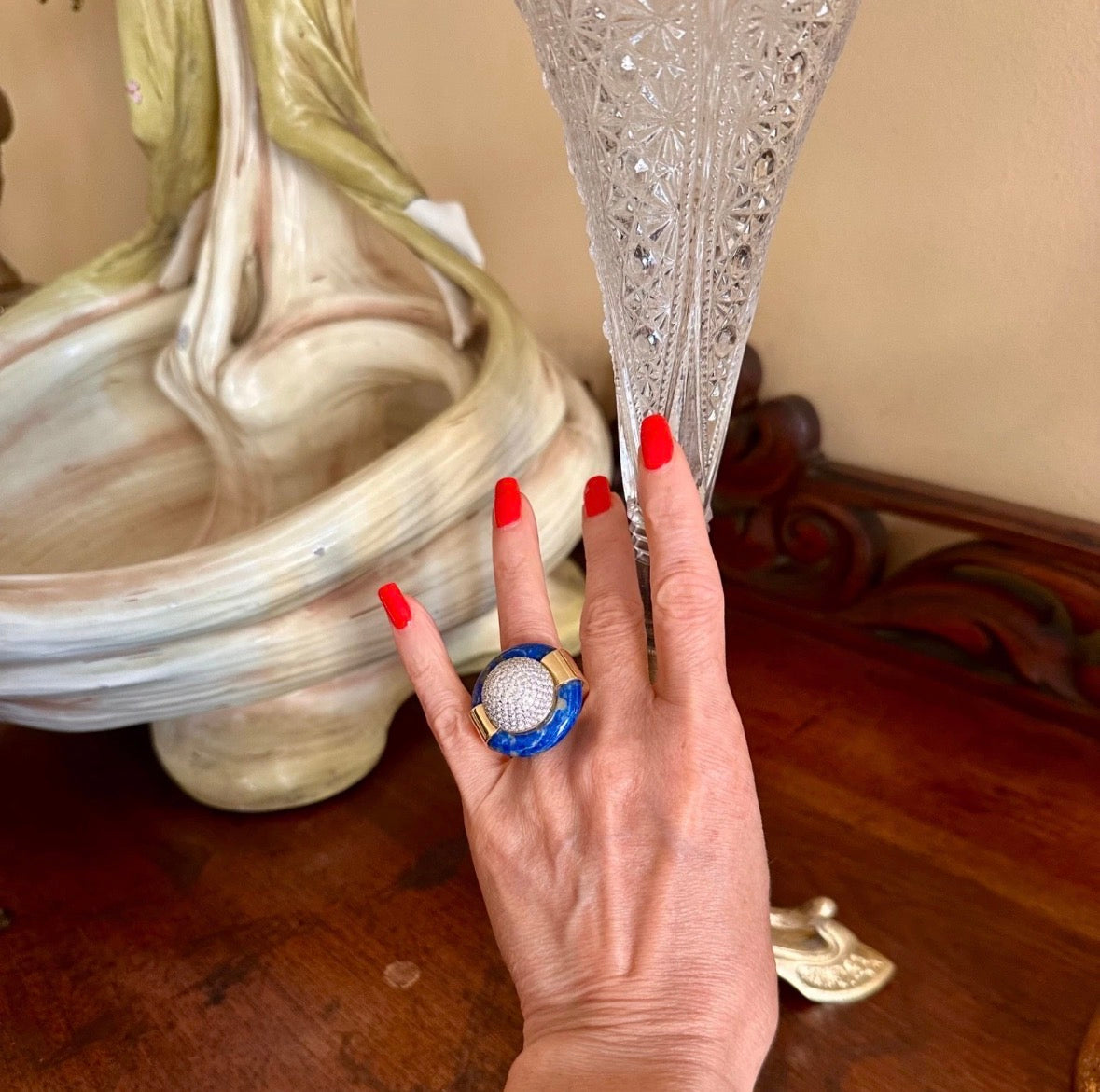 Lapis Lazuli & Diamond Pavé Dome Cocktail Ring – 18k Yellow & White Gold
