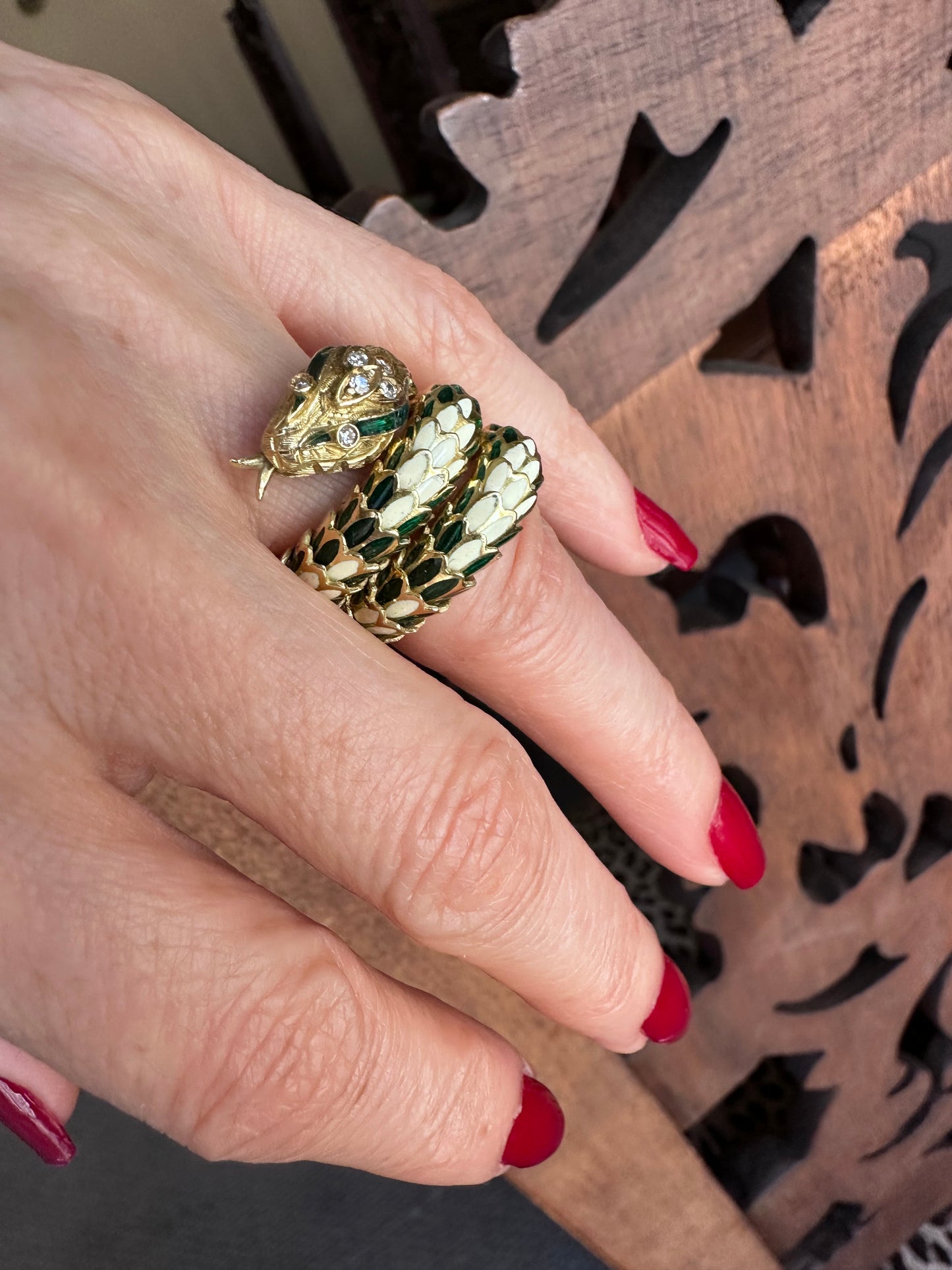 Estate Snake Diamond & Enamel Ring 18k Yellow Gold