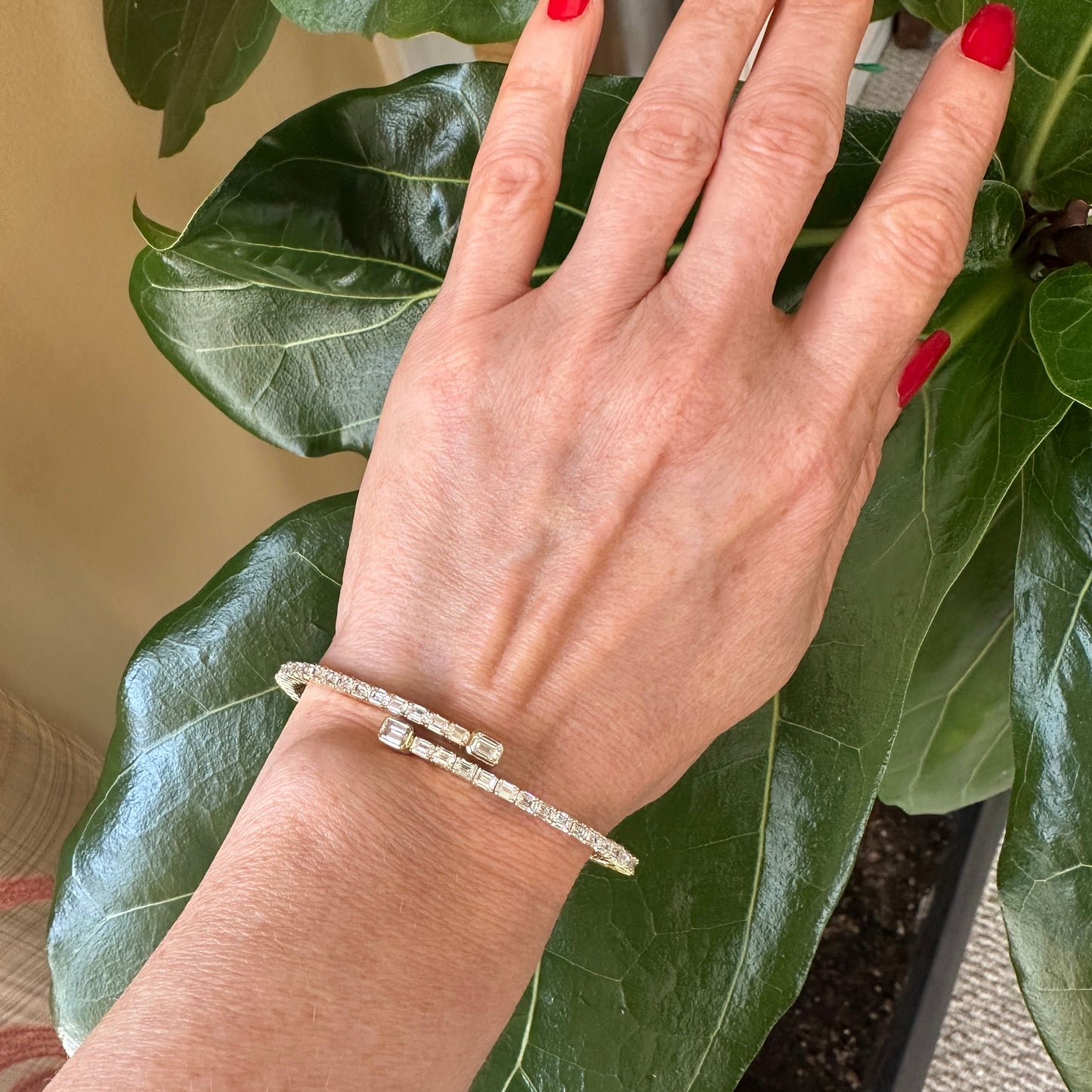 Lugano Diamond Baguette Bypass Bangle – 7.38ct Natural Diamonds 18k Yellow Gold