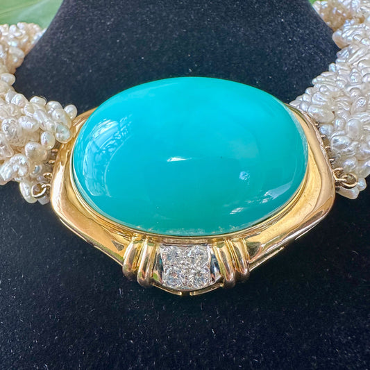 Vintage Tiffany & Co. Torsade Pearl & Cabochon Turquoise Necklace – 14k Yellow Gold