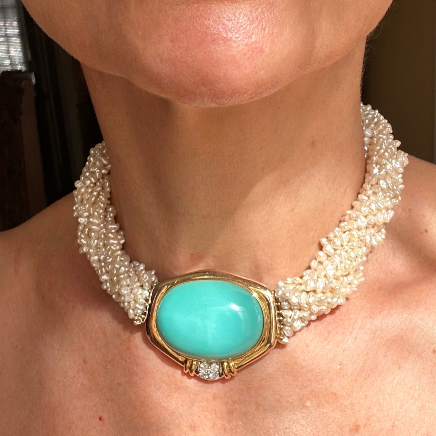 Vintage Tiffany & Co. Torsade Pearl & Cabochon Turquoise Necklace – 14k Yellow Gold