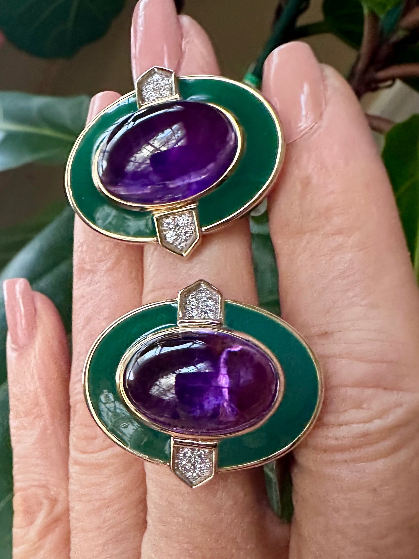 David Webb Estate Cabochon Amethyst, Diamond & Green Enamel Earrings 18k