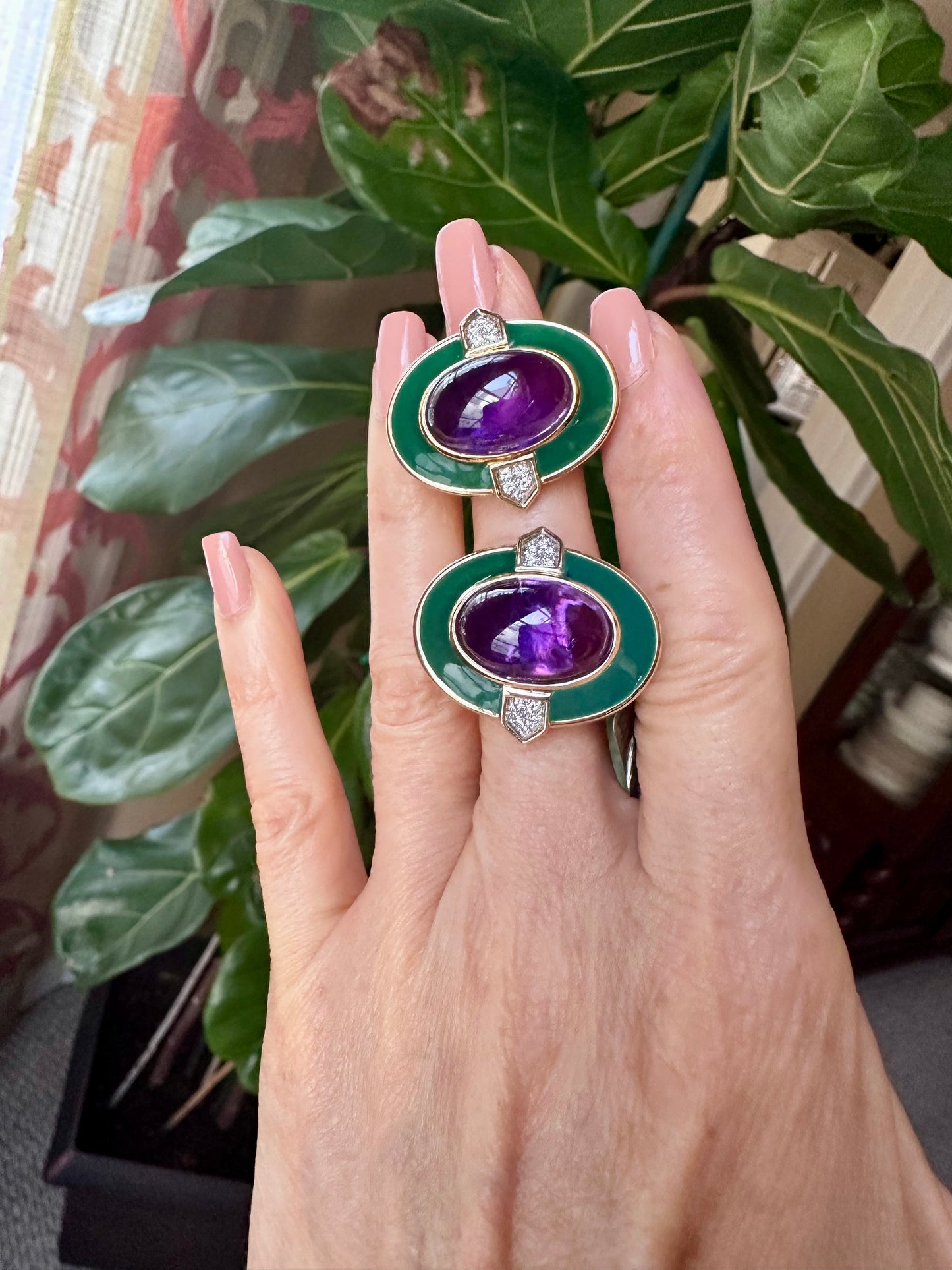 David Webb Estate Cabochon Amethyst, Diamond & Green Enamel Earrings 18k