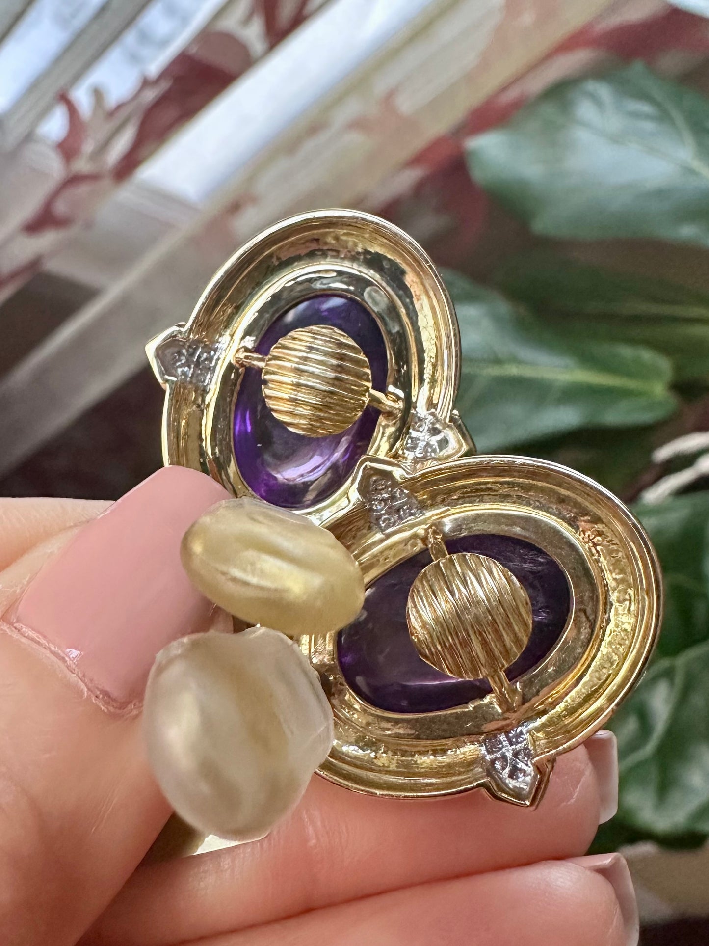 David Webb Estate Cabochon Amethyst, Diamond & Green Enamel Earrings 18k