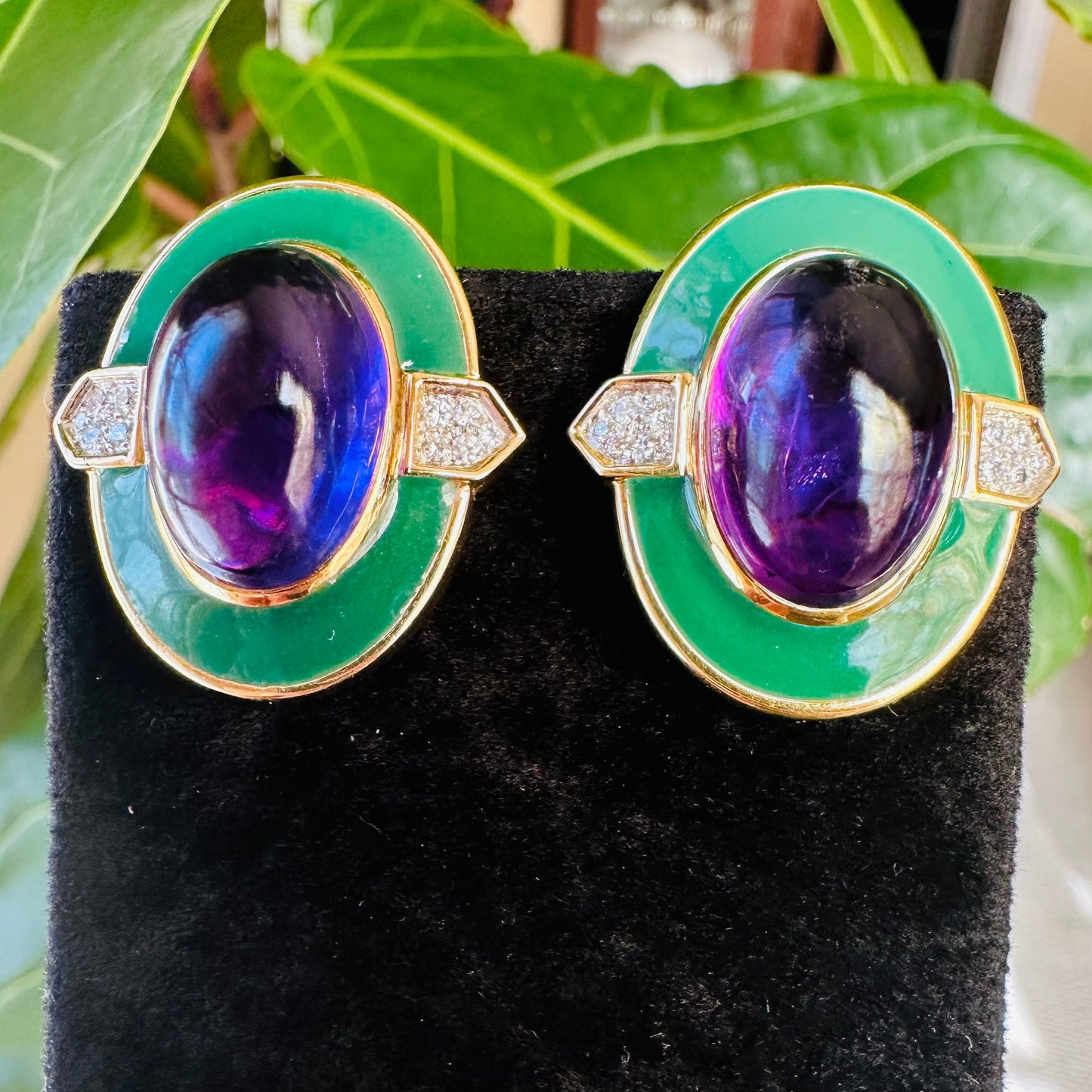 David Webb Estate Cabochon Amethyst, Diamond & Green Enamel Earrings 18k