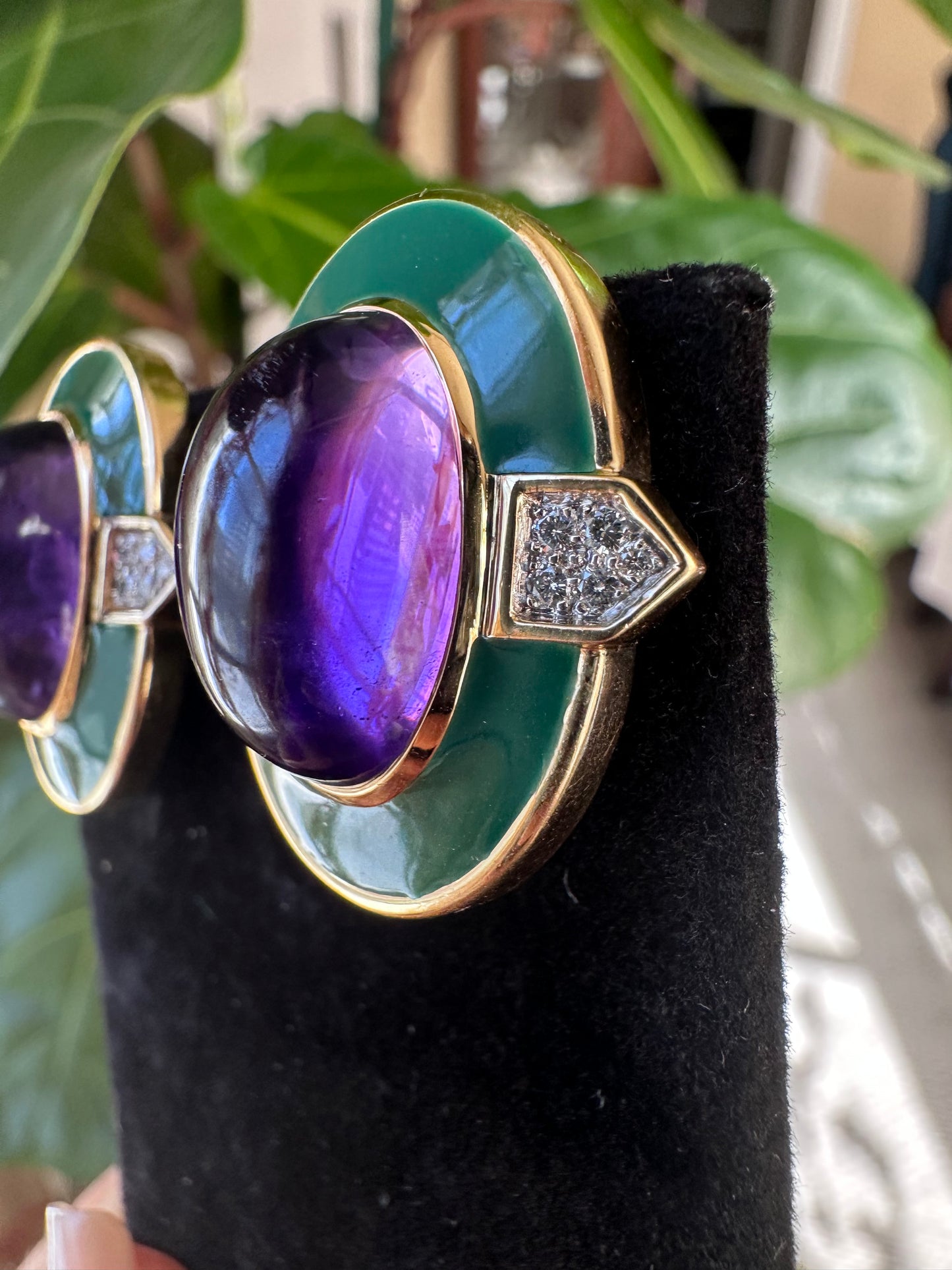 David Webb Estate Cabochon Amethyst, Diamond & Green Enamel Earrings 18k