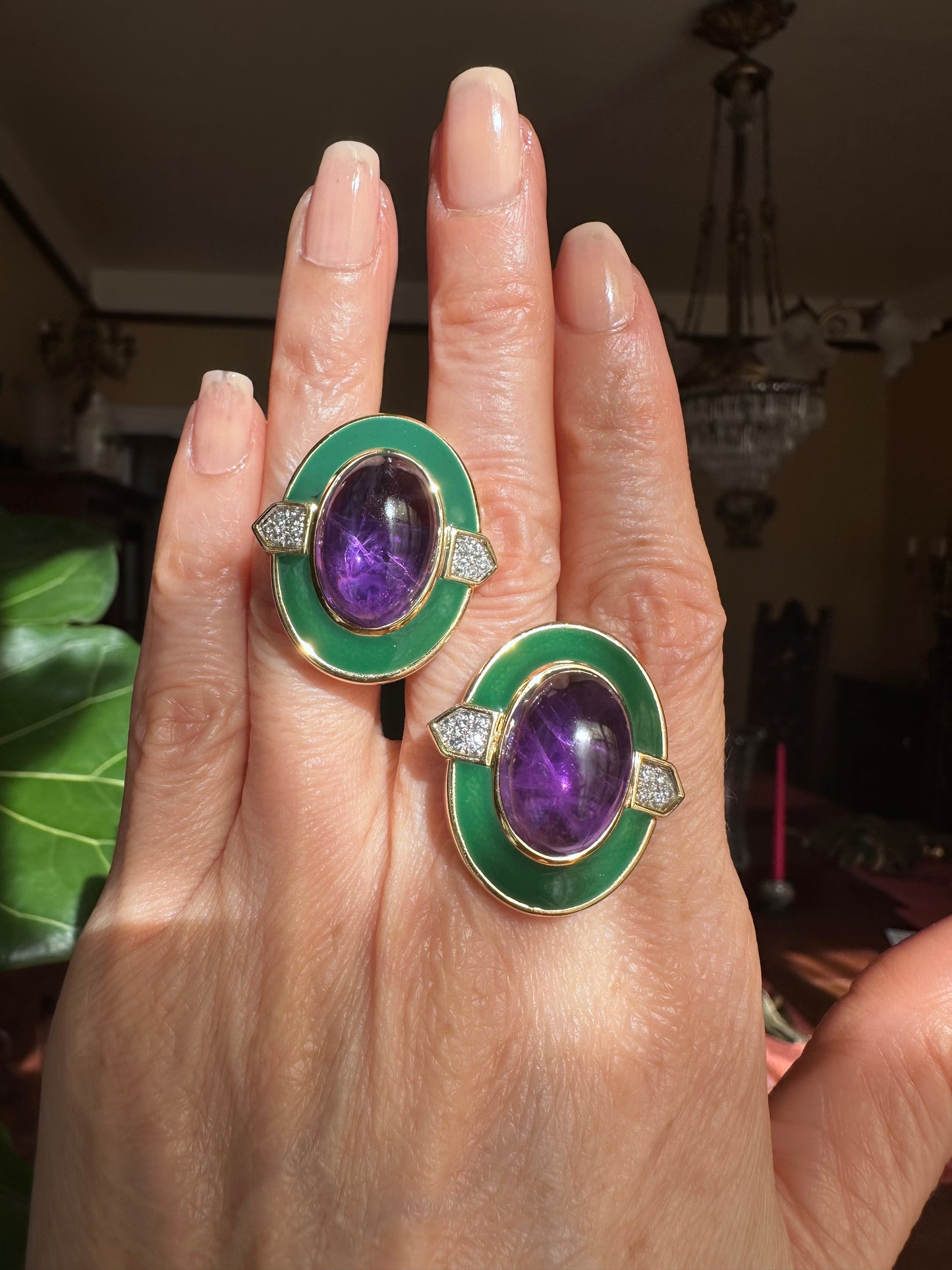 David Webb Estate Cabochon Amethyst, Diamond & Green Enamel Earrings 18k
