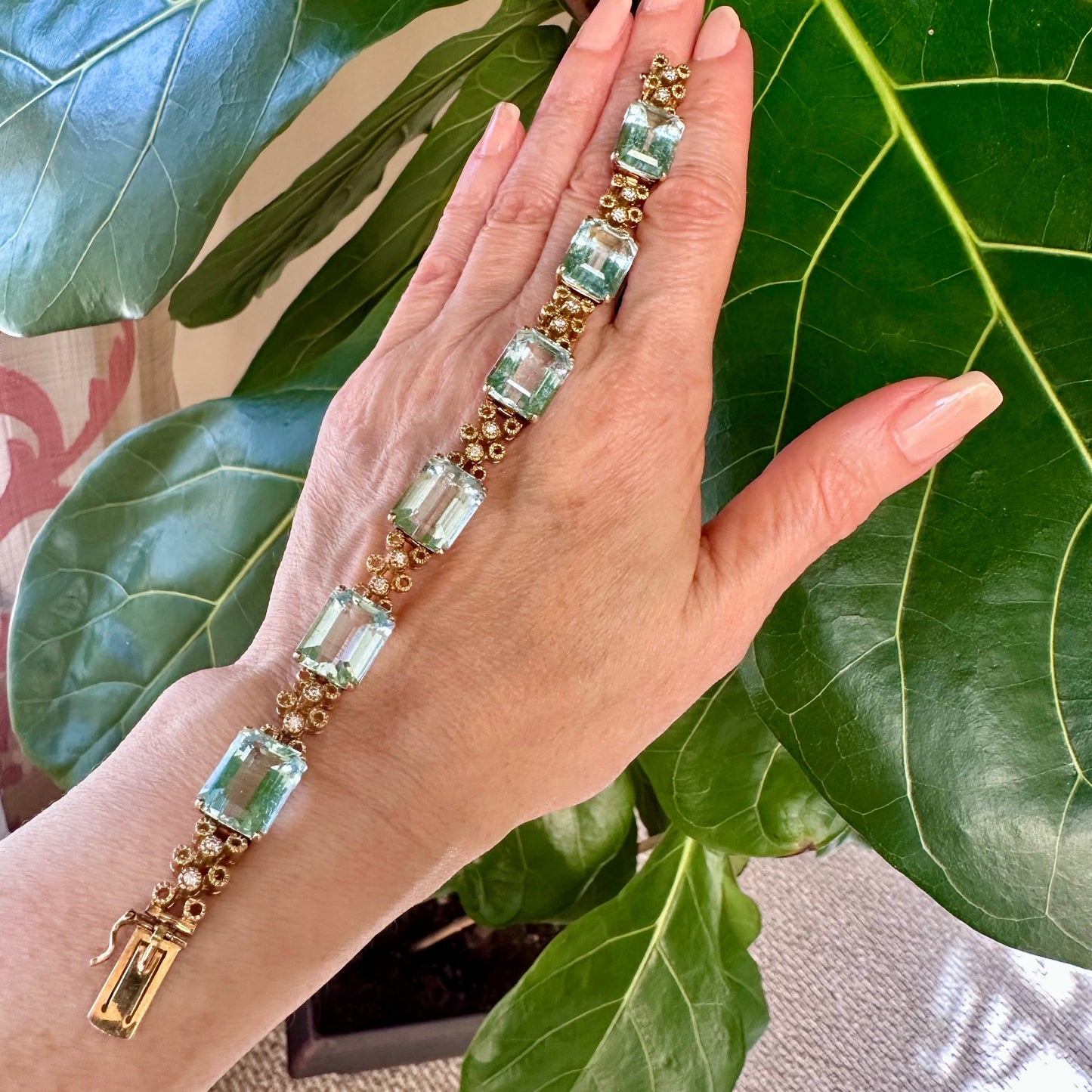 Vintage Aquamarine Diamond Bracelet 18k Yellow Gold