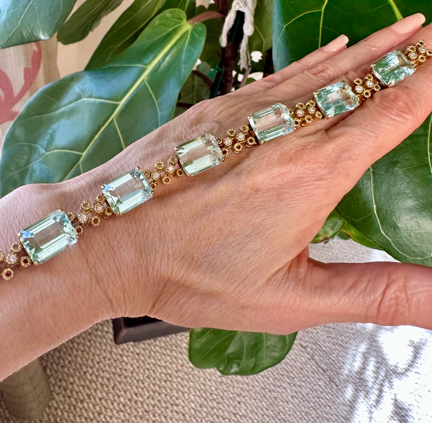 Vintage Aquamarine Diamond Bracelet 18k Yellow Gold