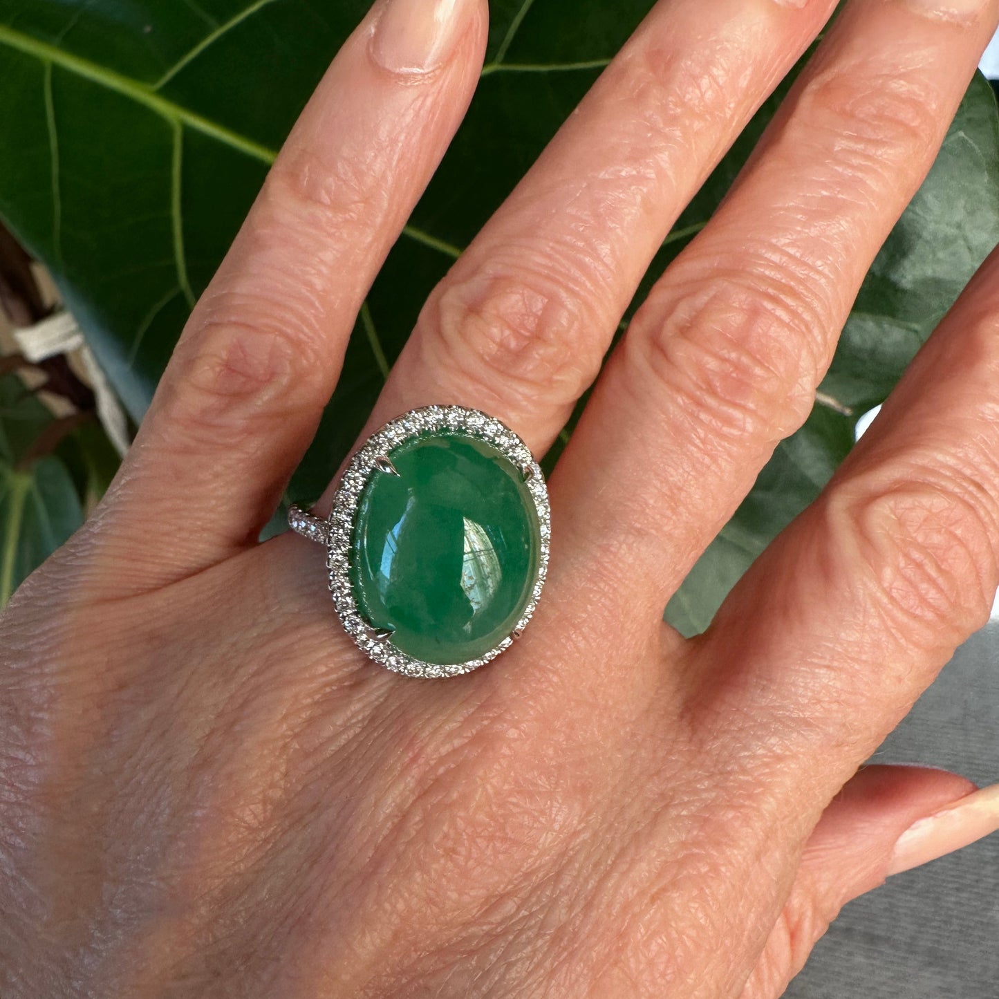 Estate GIA Green Cabochon Jadeite & Diamond Platinum Ring