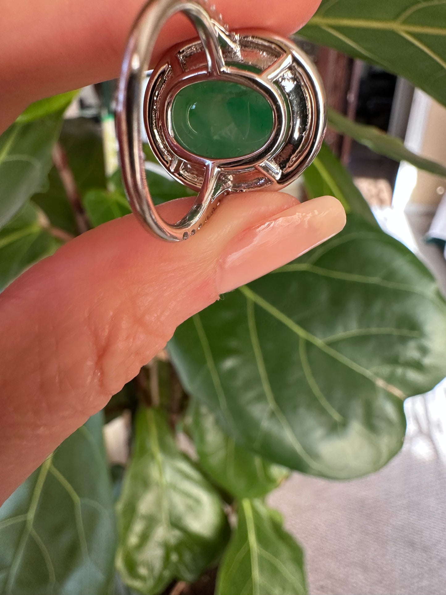 Estate GIA Green Cabochon Jadeite & Diamond Platinum Ring