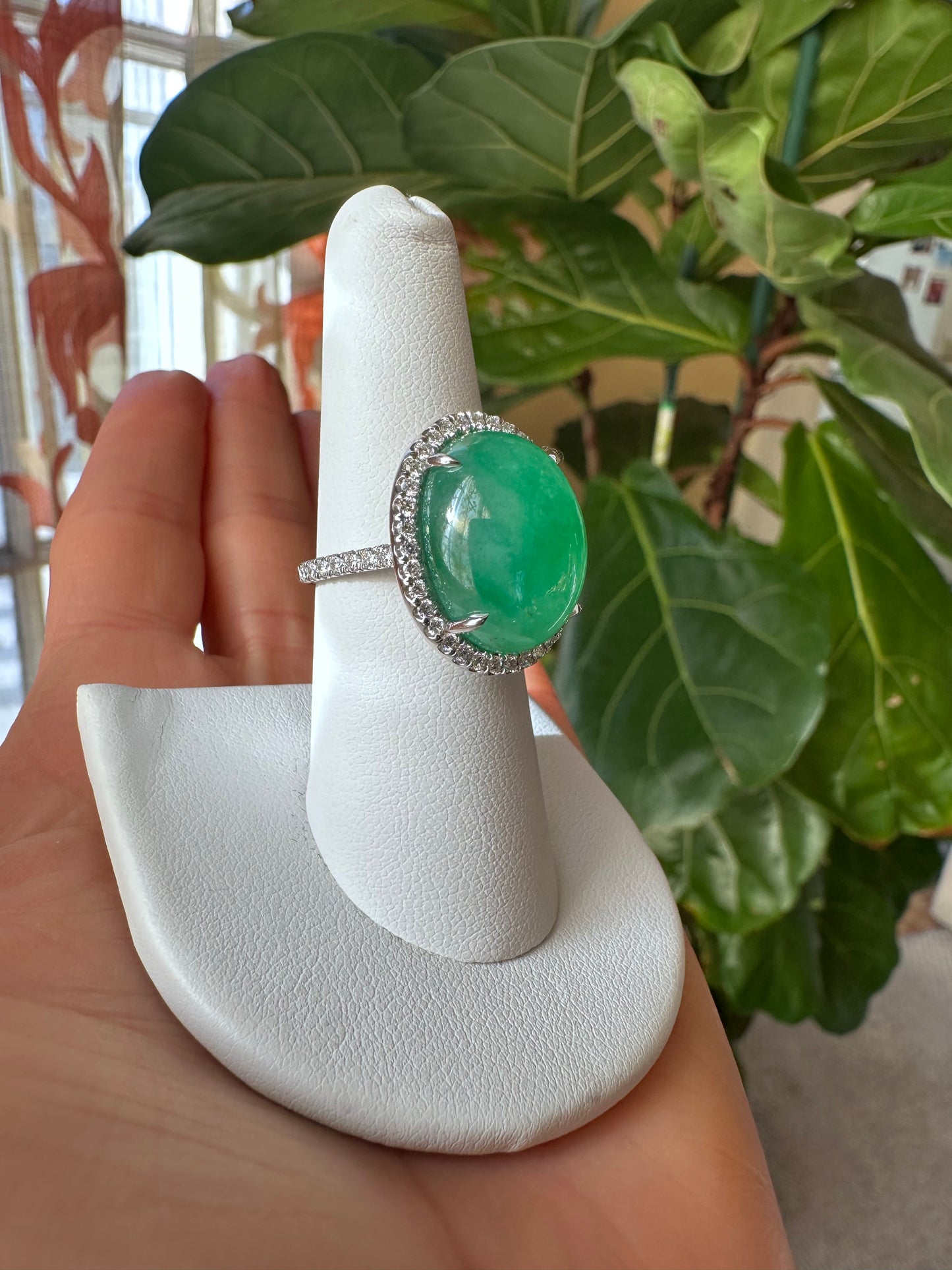 Estate GIA Green Cabochon Jadeite & Diamond Platinum Ring