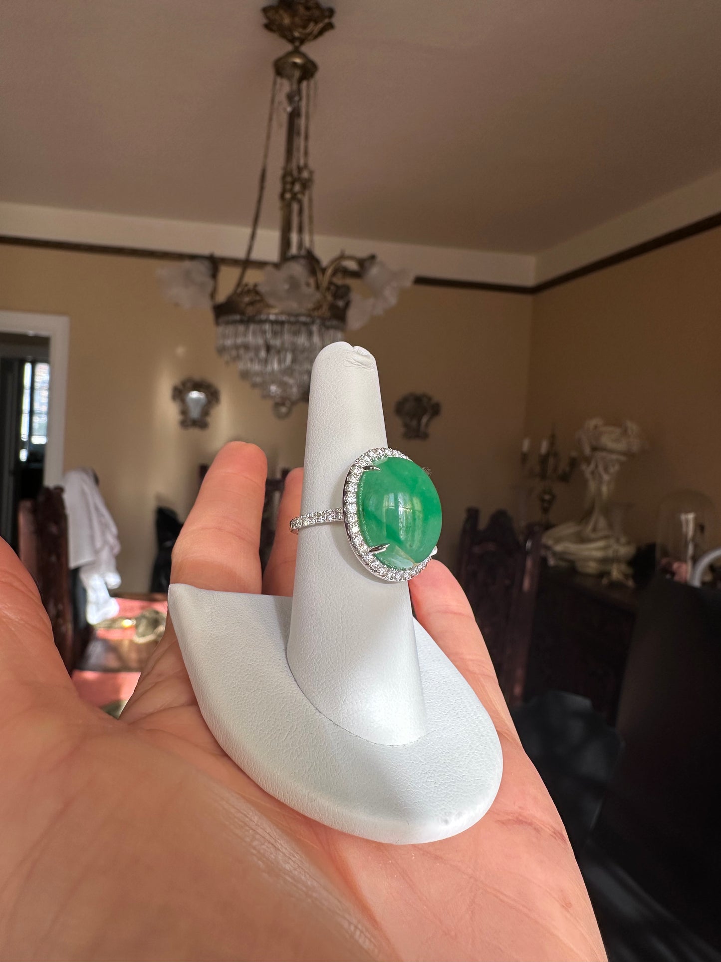Estate GIA Green Cabochon Jadeite & Diamond Platinum Ring