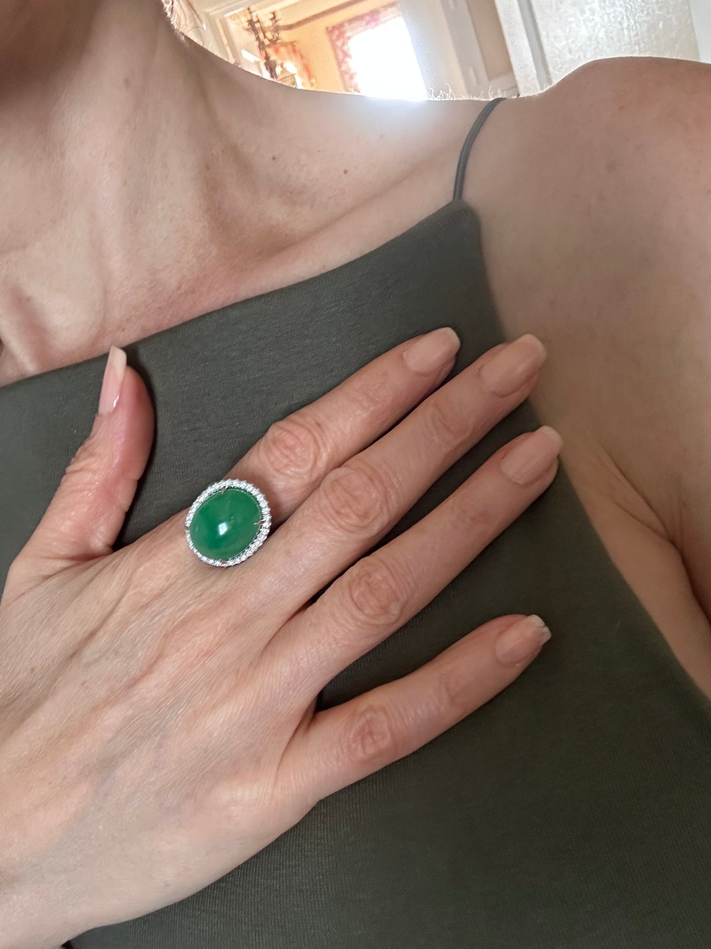Estate GIA Green Cabochon Jadeite & Diamond Platinum Ring