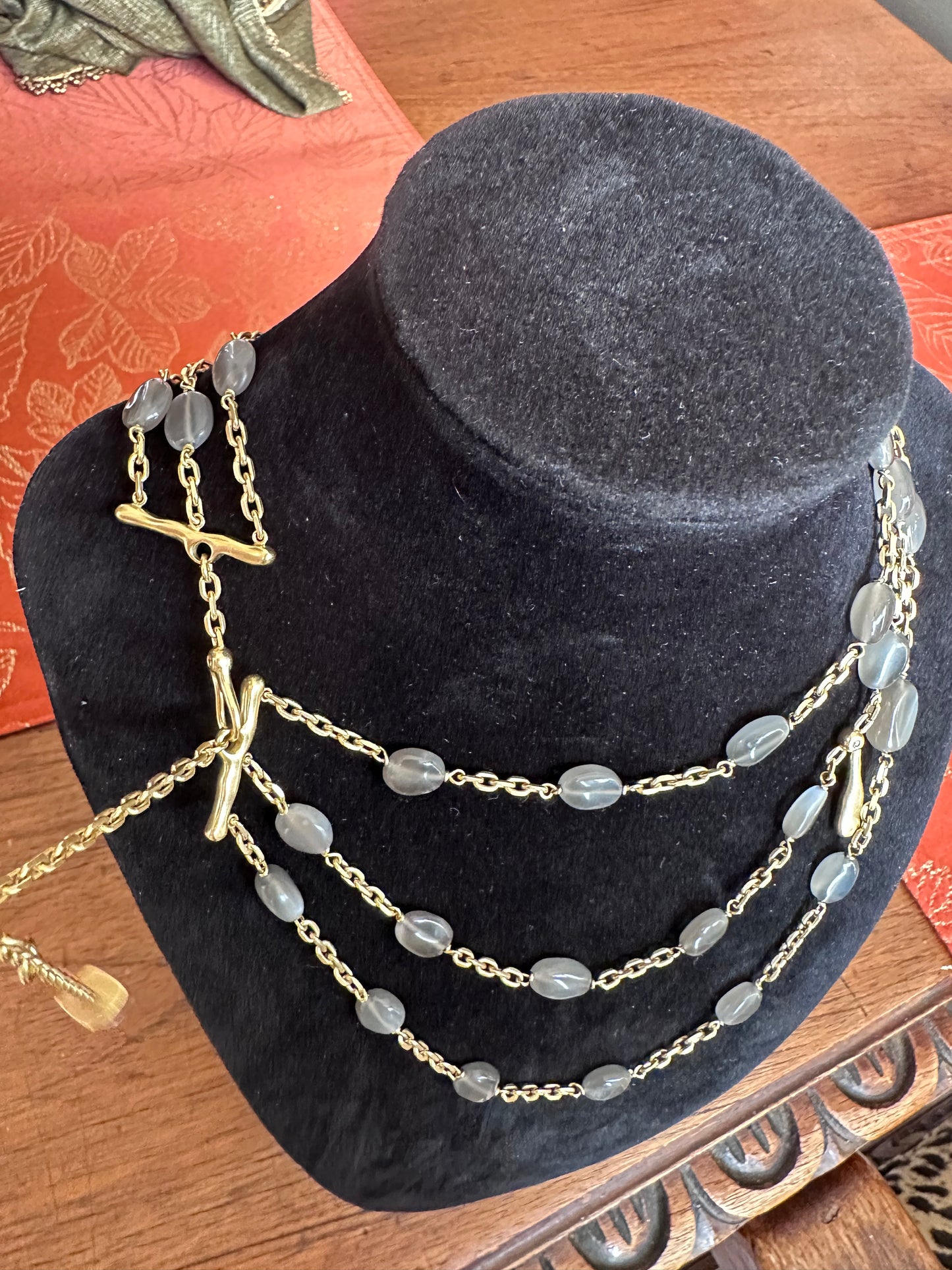 H Stern Three Strand Moonstone, Topaz & Diamond Collar Necklace 18k