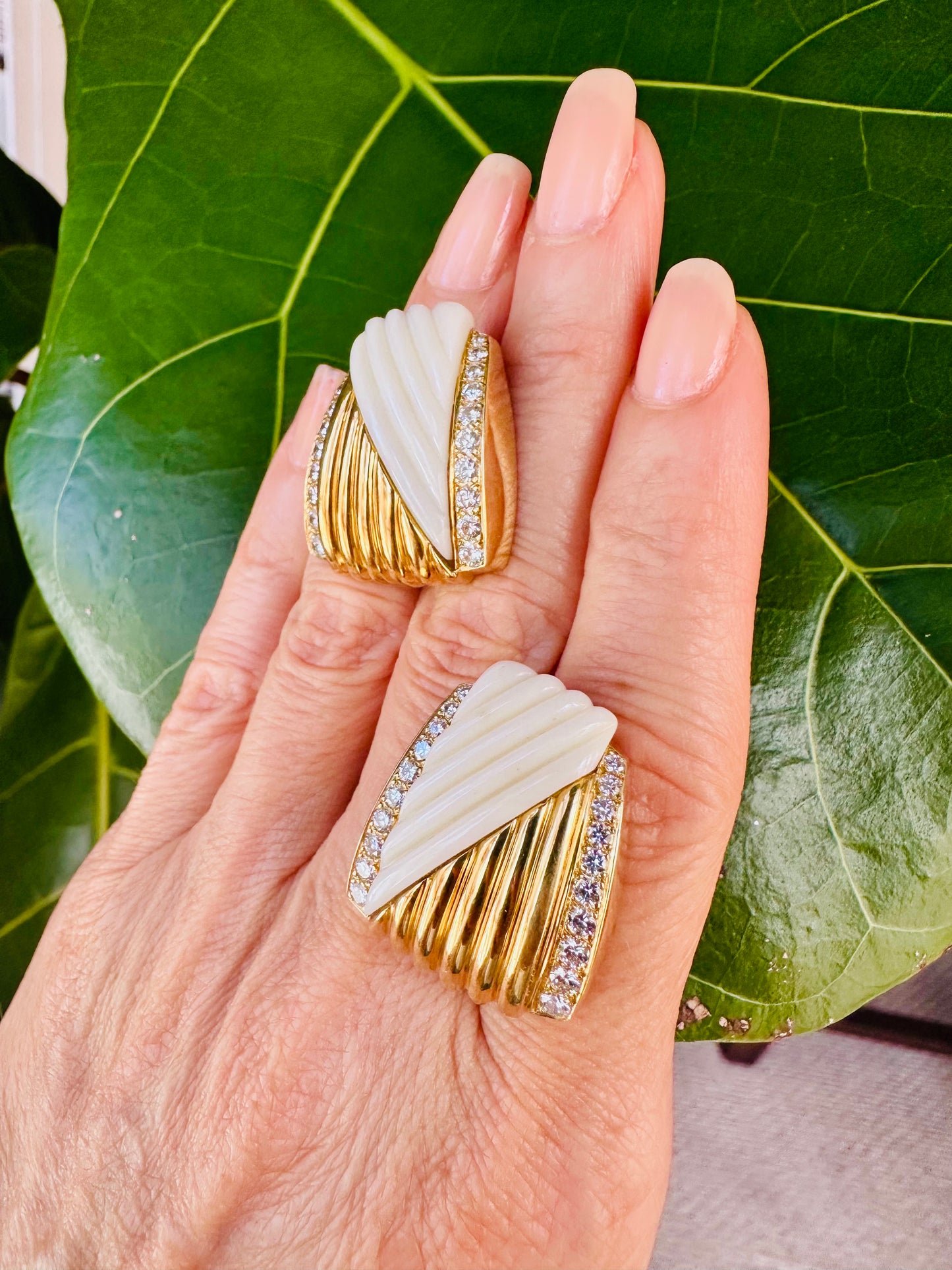 Vintage Fluted White Coral & Diamond Earrings 18k