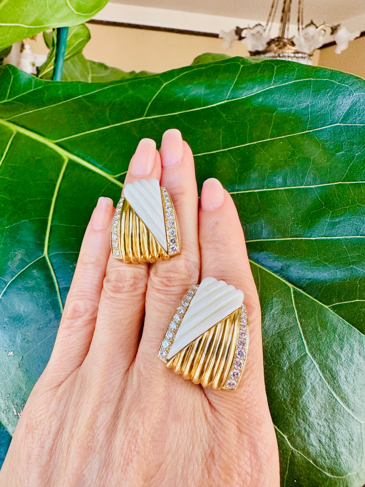 Vintage Fluted White Coral & Diamond Earrings 18k
