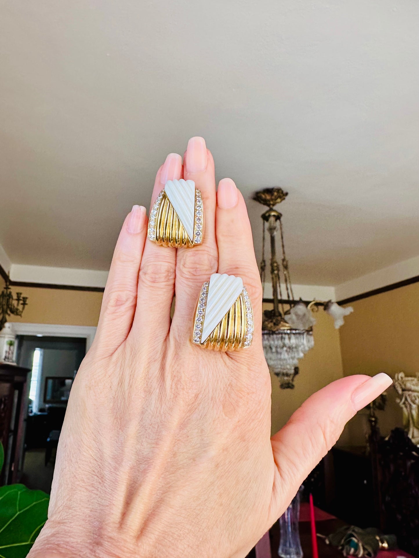Vintage Fluted White Coral & Diamond Earrings 18k