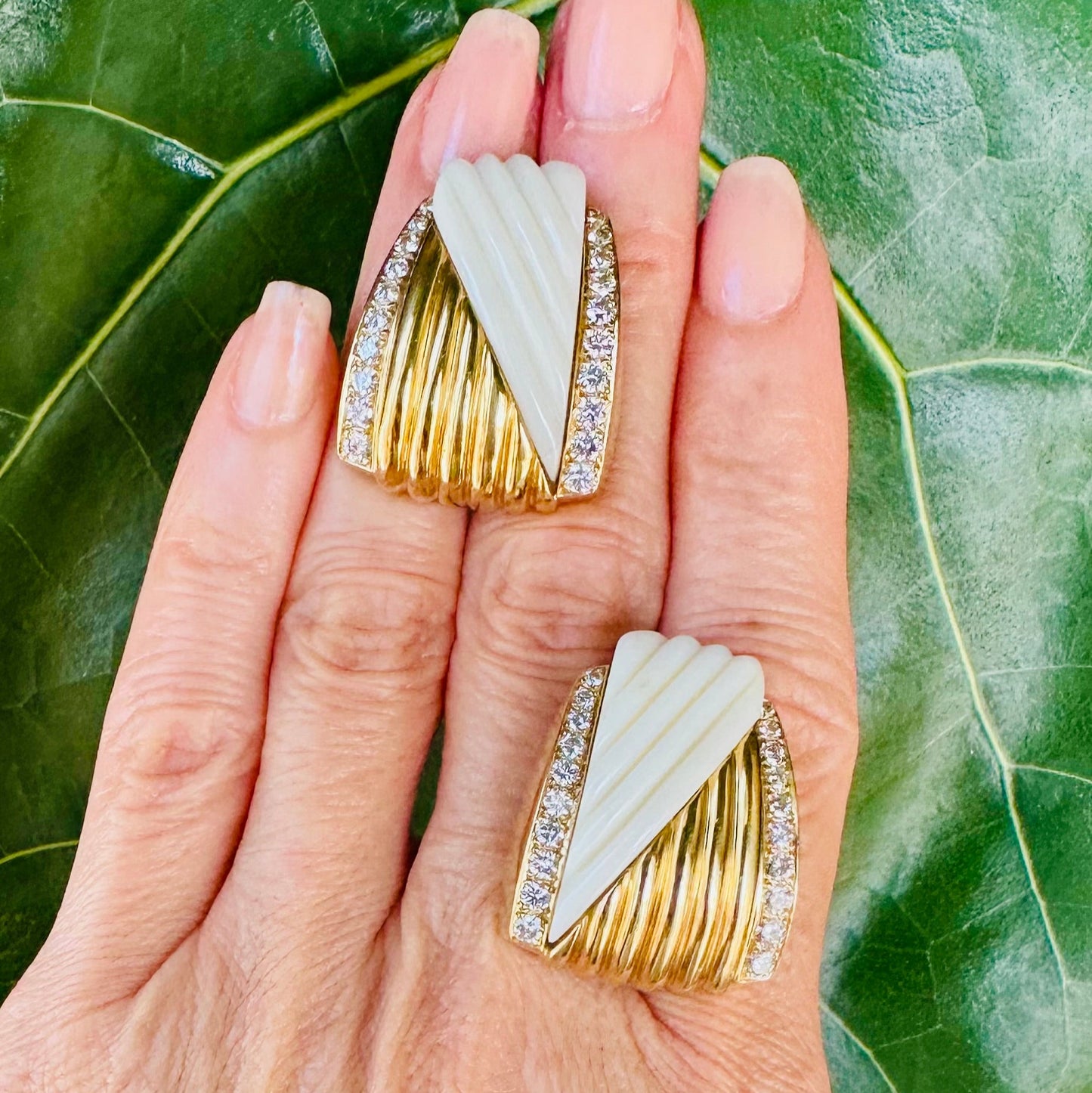 Vintage Fluted White Coral & Diamond Earrings 18k