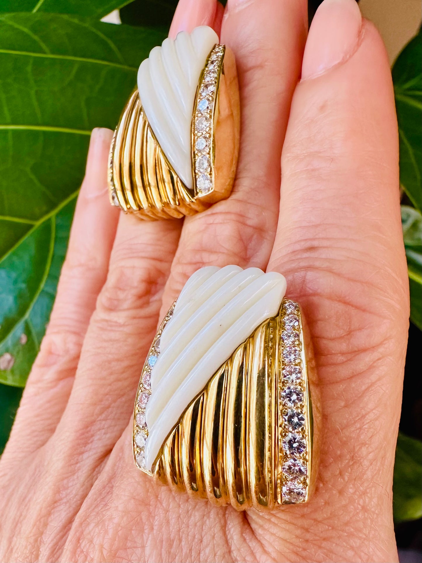 Vintage Fluted White Coral & Diamond Earrings 18k