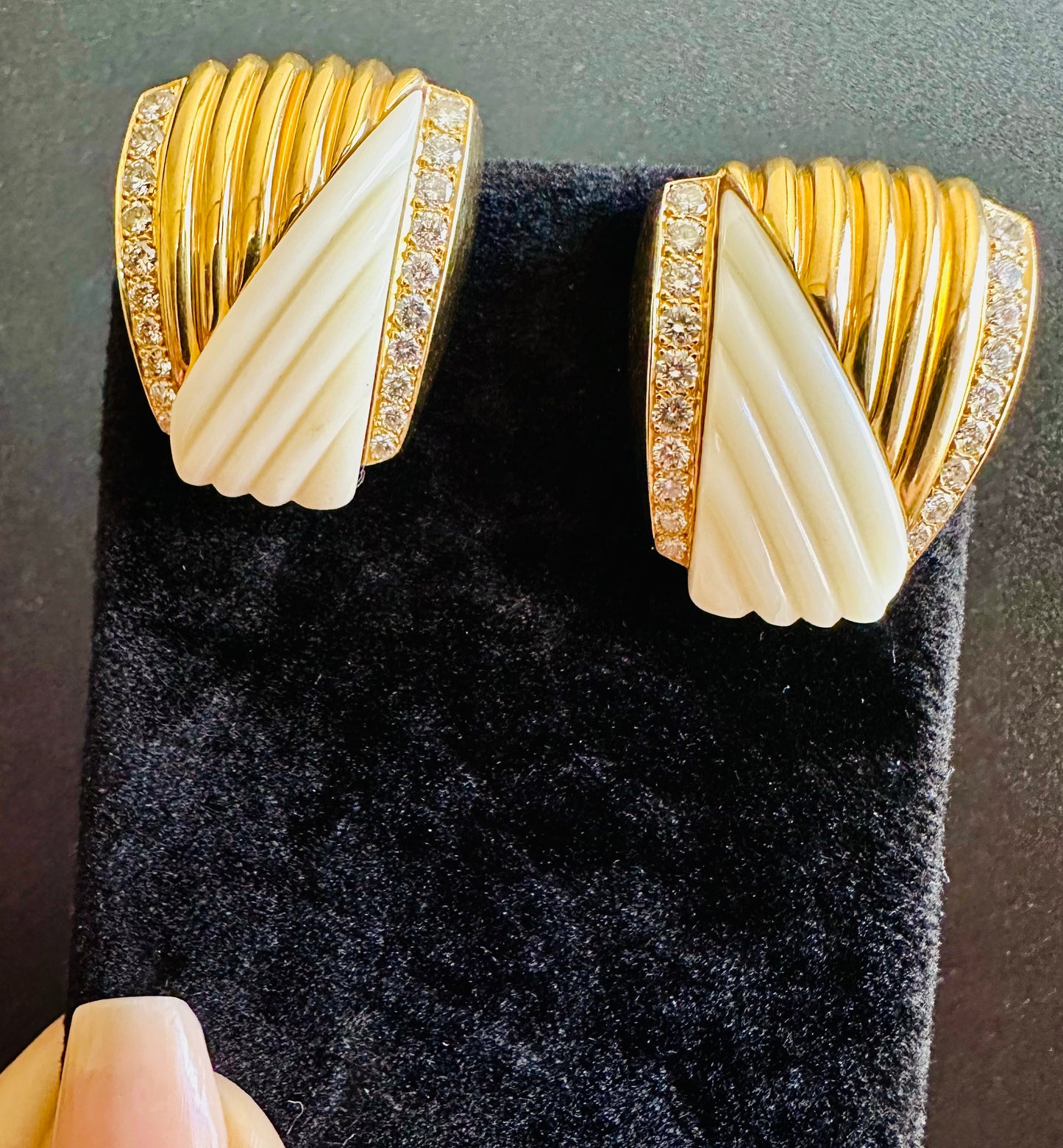 Vintage Fluted White Coral & Diamond Earrings 18k