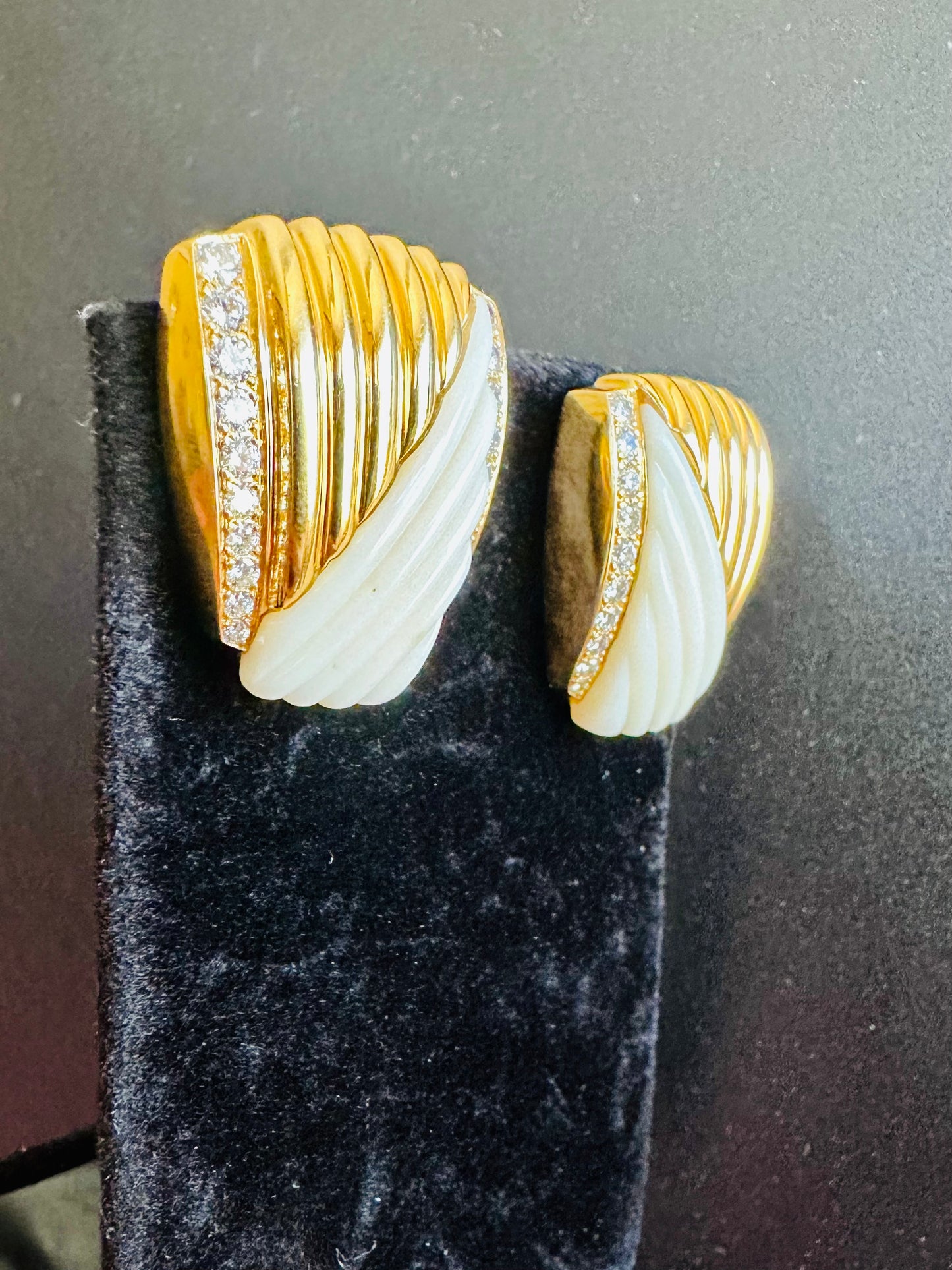Vintage Fluted White Coral & Diamond Earrings 18k