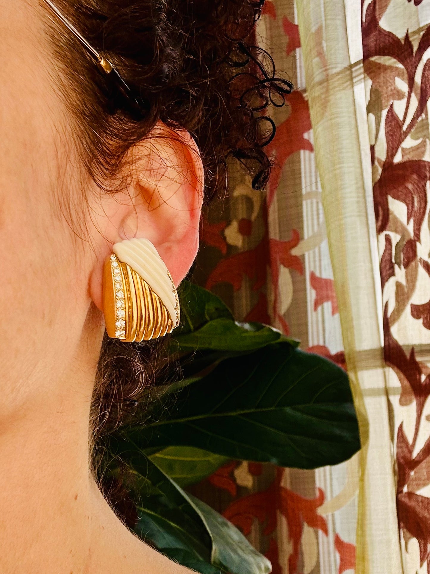 Vintage Fluted White Coral & Diamond Earrings 18k