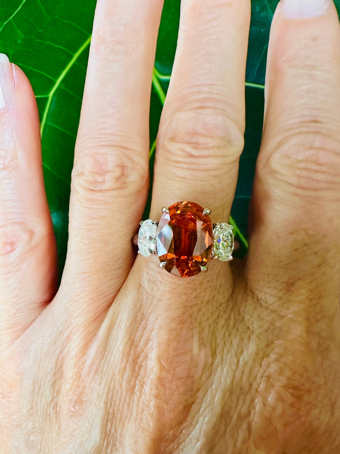 Mandarin Garnet Oval Cut & Diamond Platinum Ring