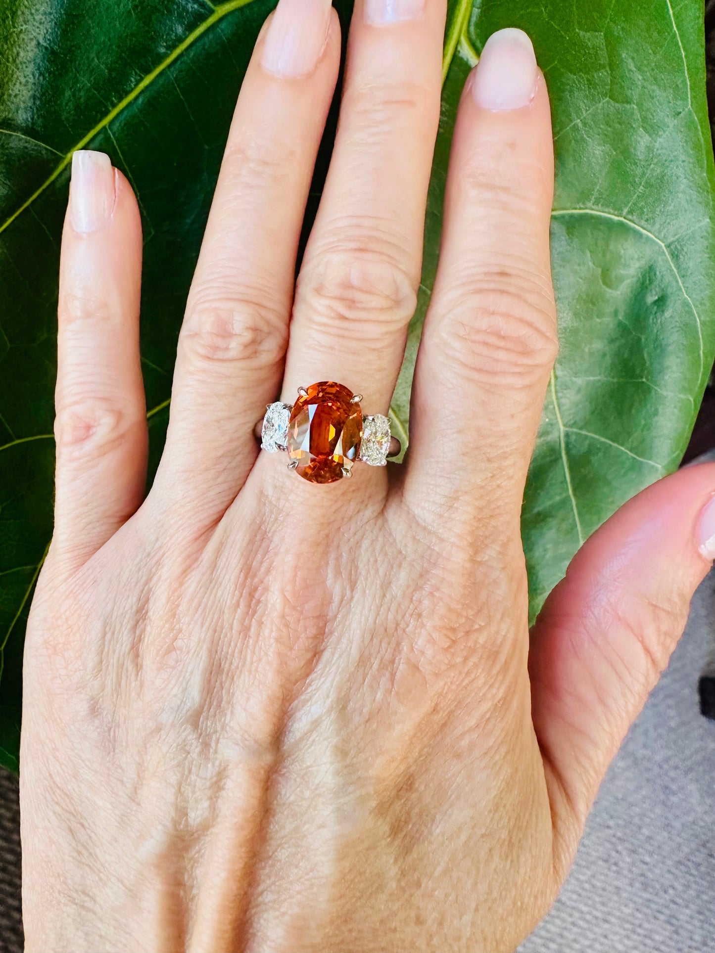 Mandarin Garnet Oval Cut & Diamond Platinum Ring