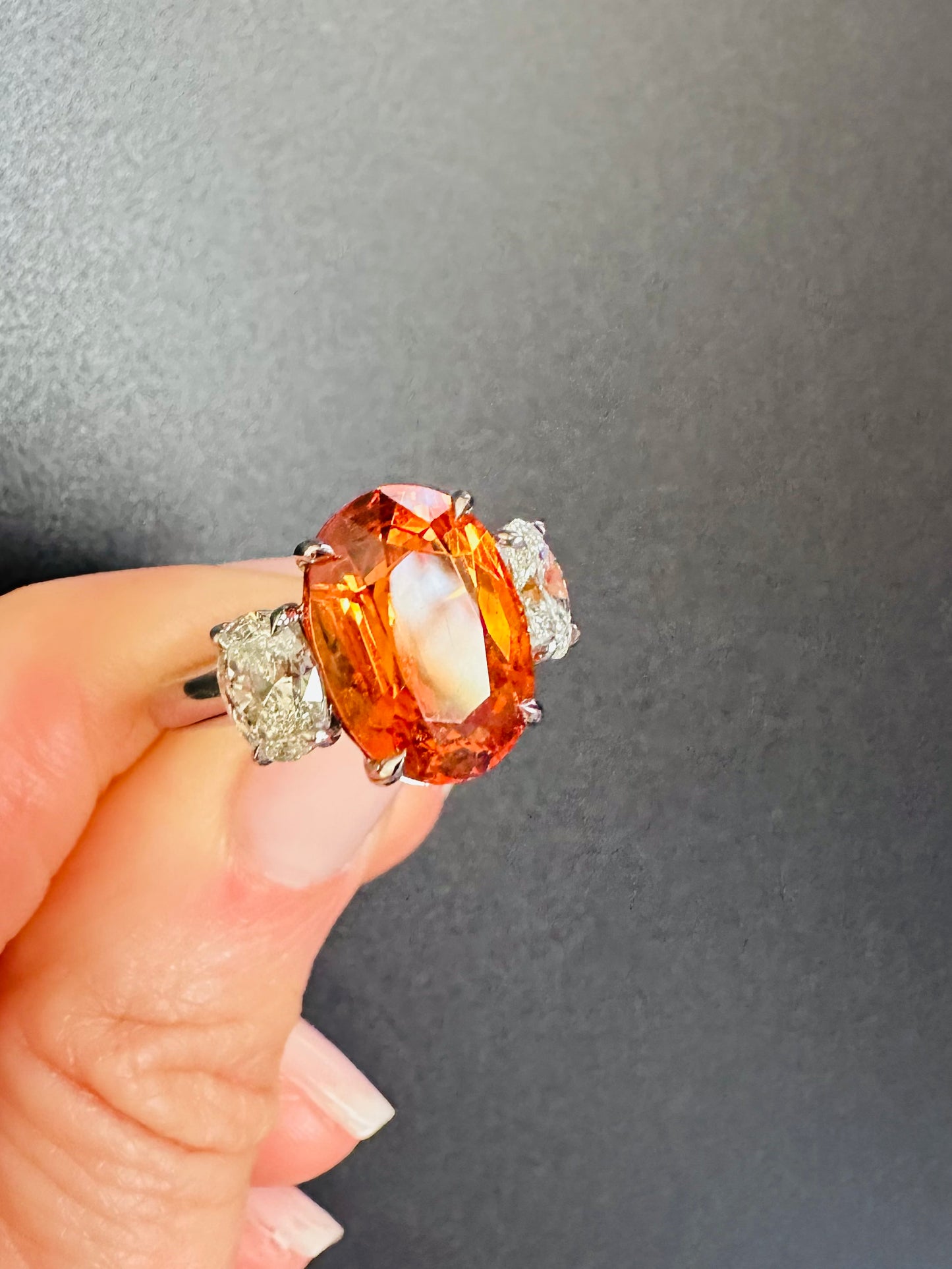 Mandarin Garnet Oval Cut & Diamond Platinum Ring
