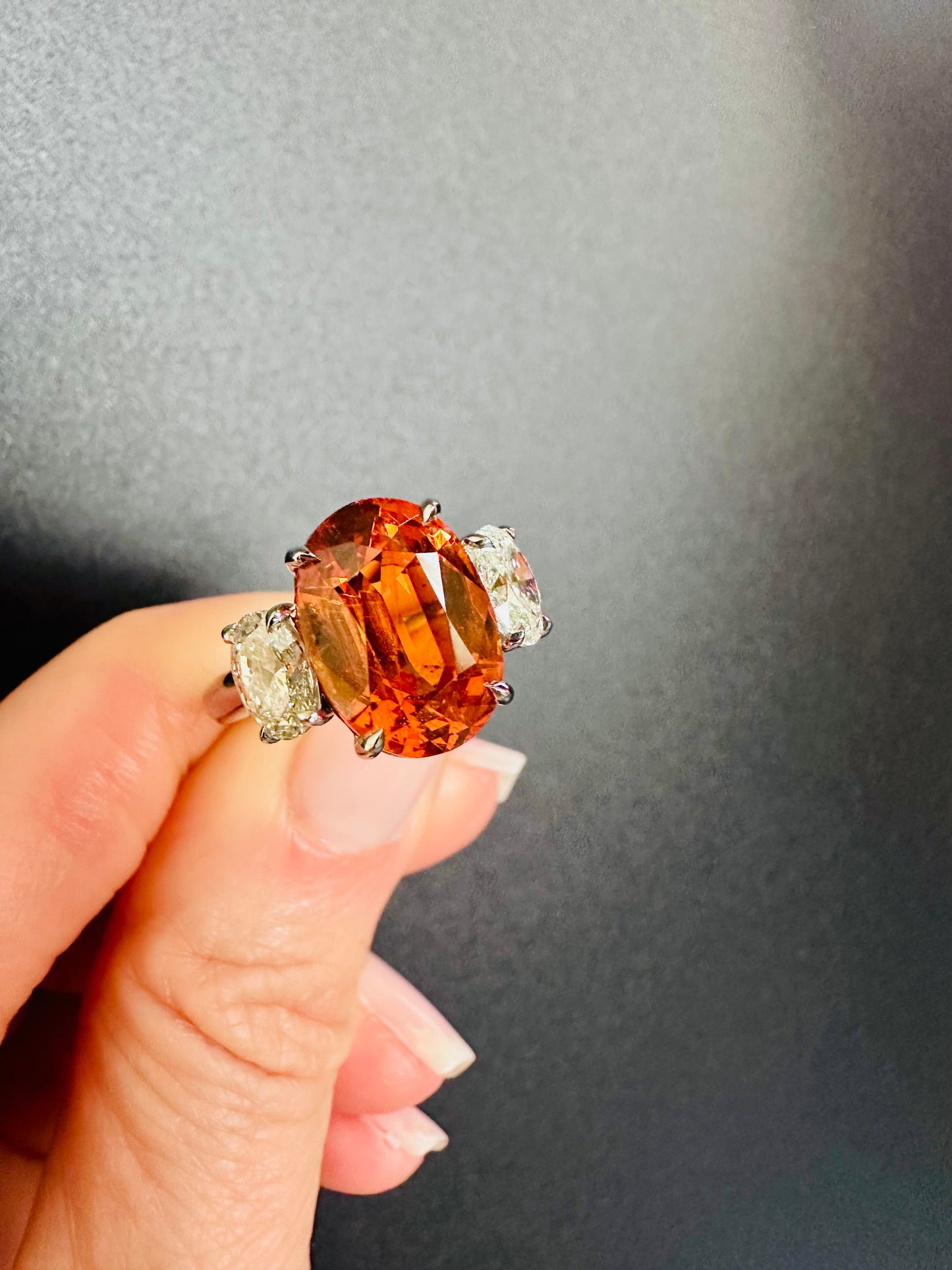 Mandarin Garnet Oval Cut & Diamond Platinum Ring