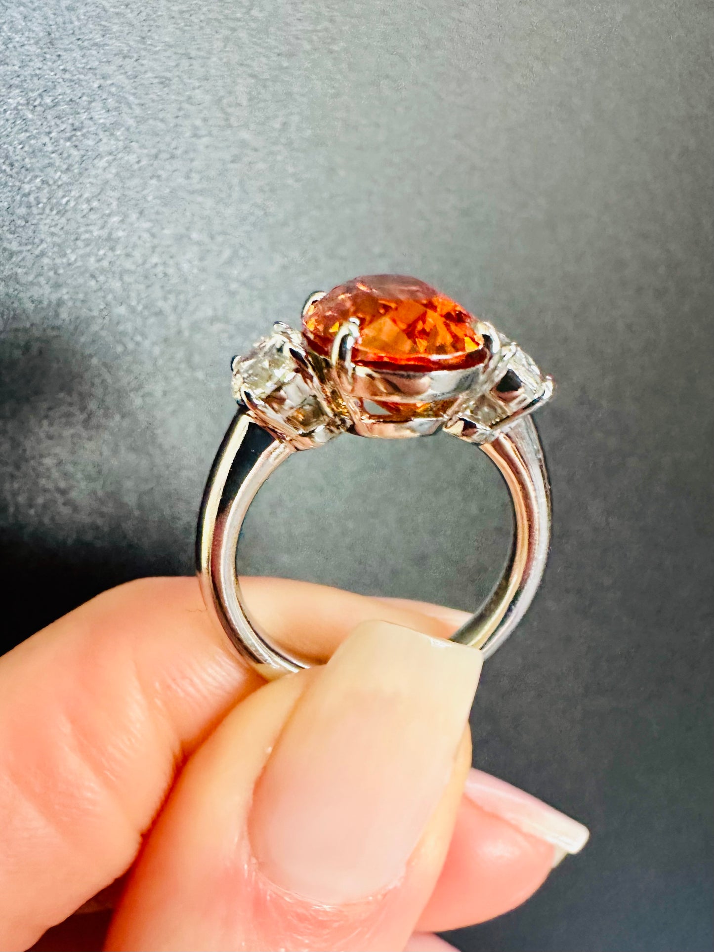 Mandarin Garnet Oval Cut & Diamond Platinum Ring