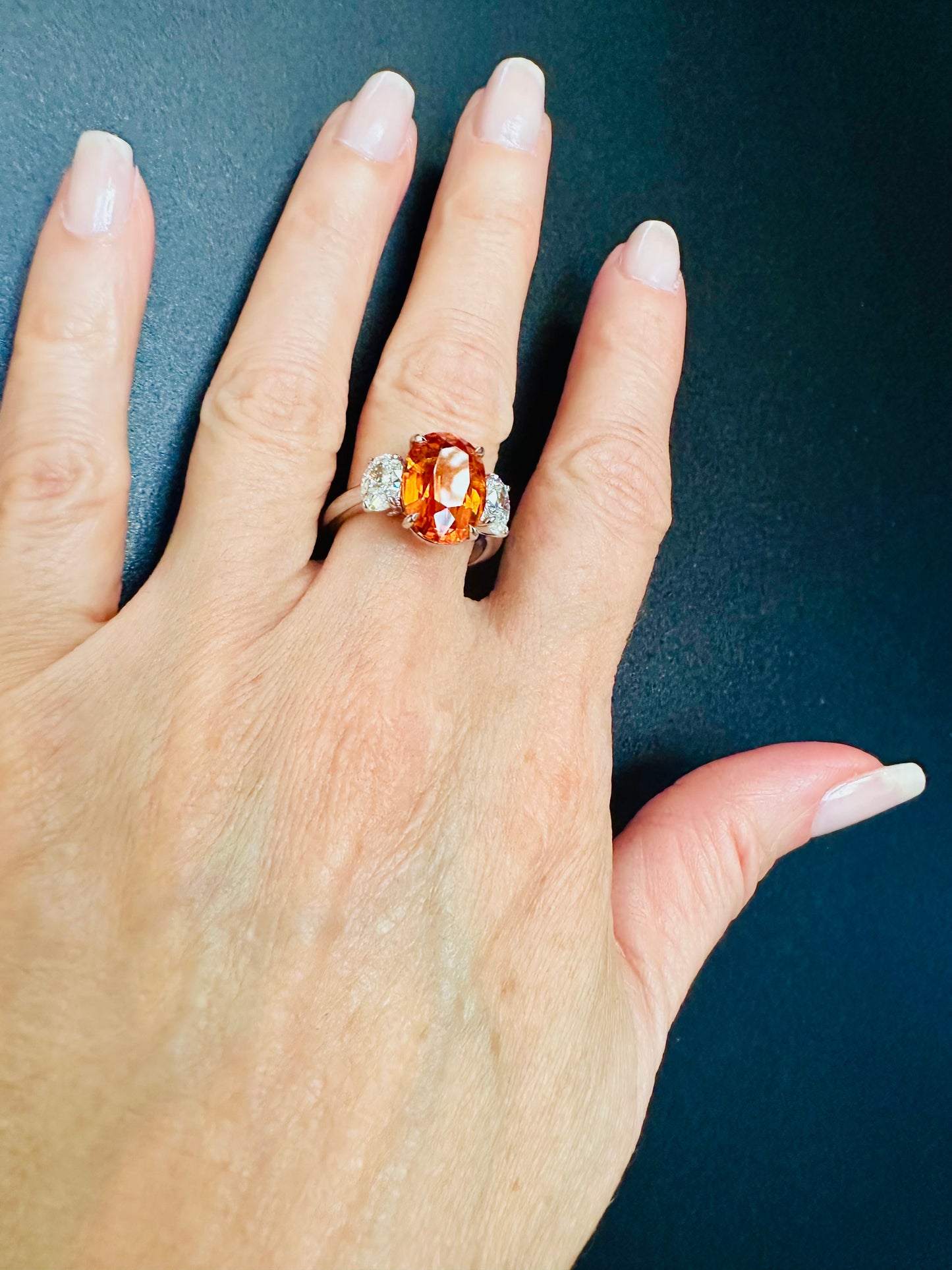 Mandarin Garnet Oval Cut & Diamond Platinum Ring