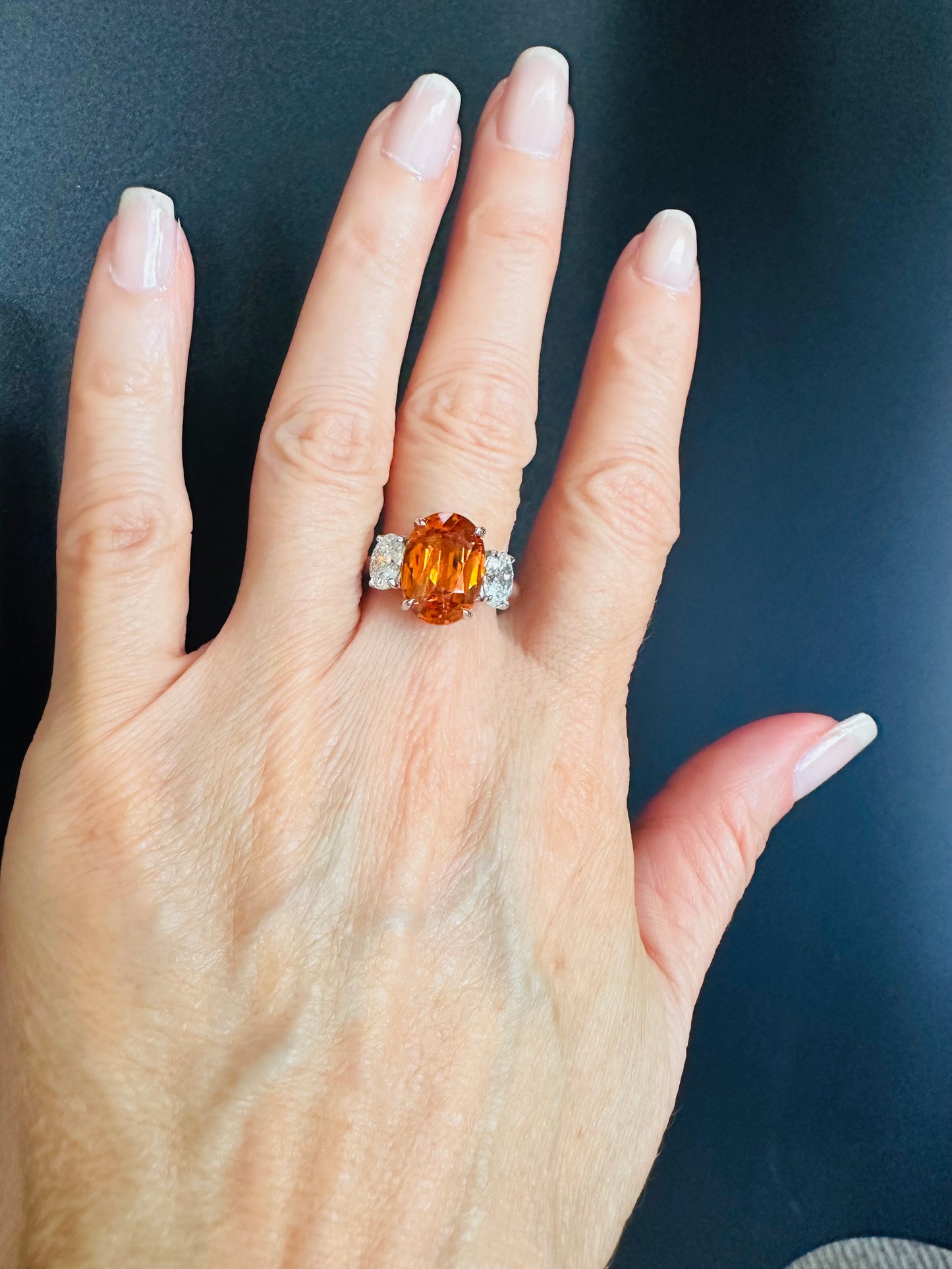Mandarin Garnet Oval Cut & Diamond Platinum Ring