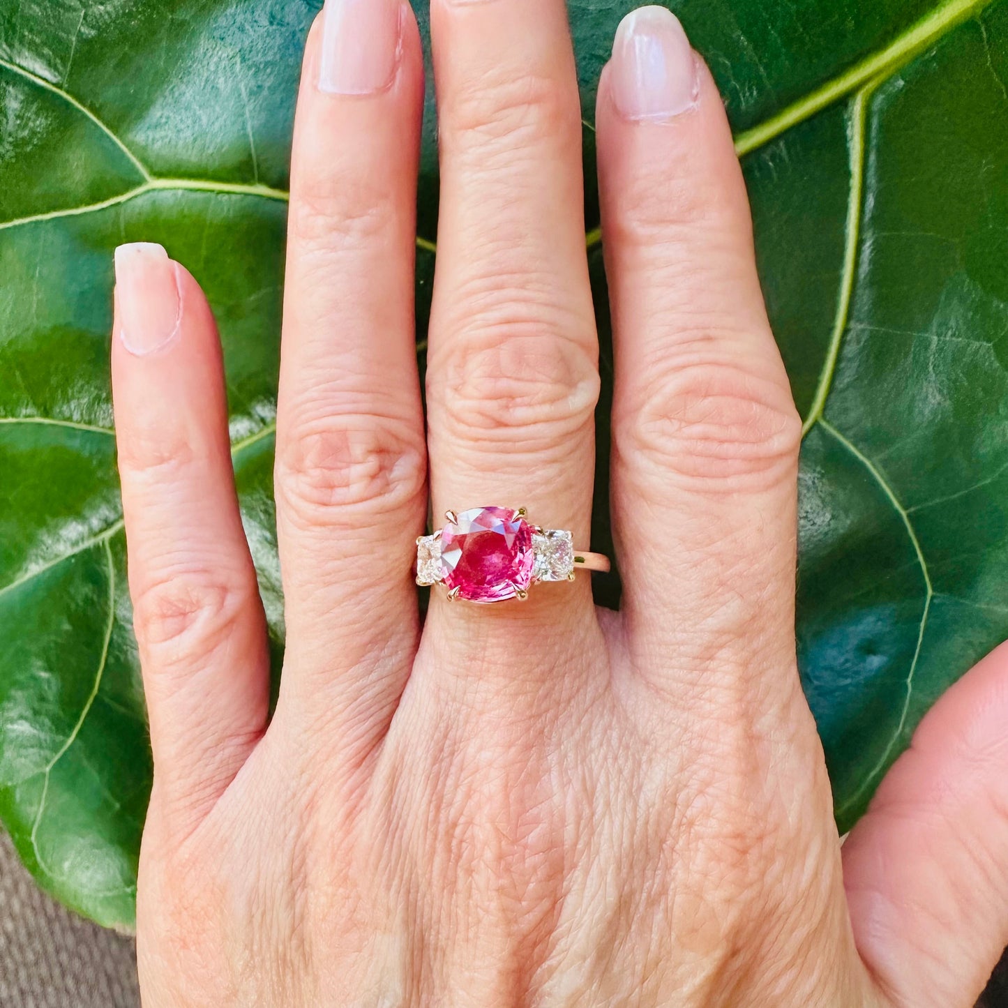 GRS Padparadscha Orange Pink Sapphire Cushion Cut & Diamond Ring 18k, Three Stone Ring, Wedding & Anniversary Jewelry